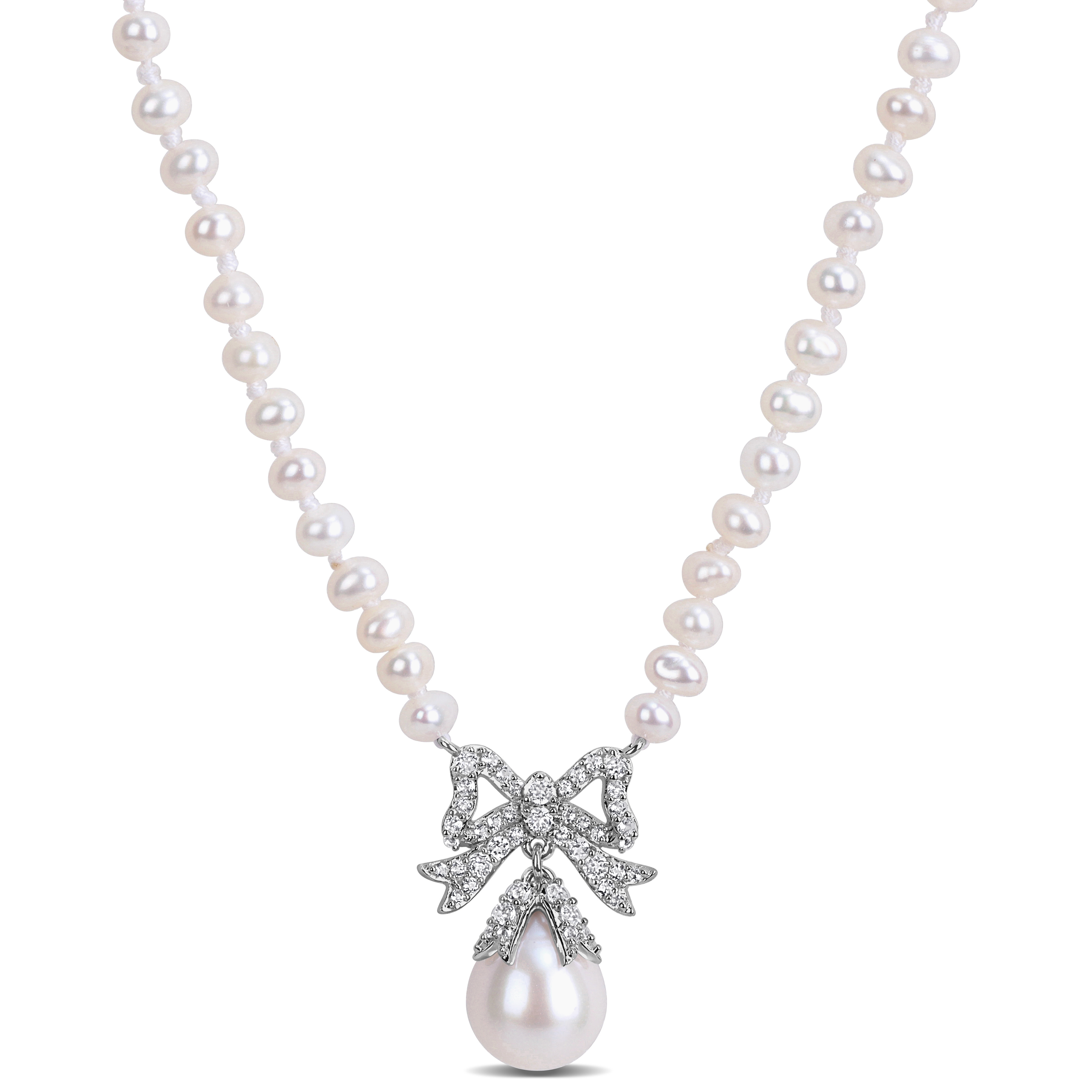 3.5-10mm Cultured Freshwater Pearl and 3/4ct TGW White Topaz Bow Necklace in Sterling Silver - 16 in + 2 ext