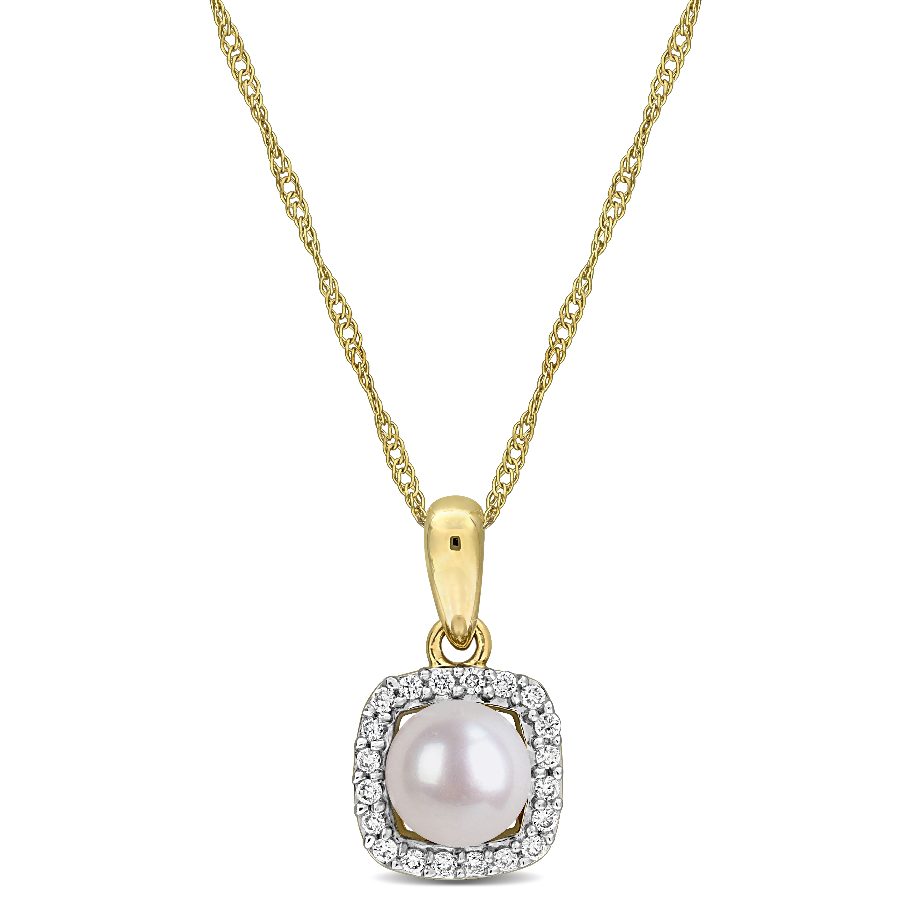 5-5.5mm Cultured Freshwater Pearl and 1/10ct TW Lab-Grown Diamond Halo Pendant with Chain in 10k Yellow Gold - 17 in