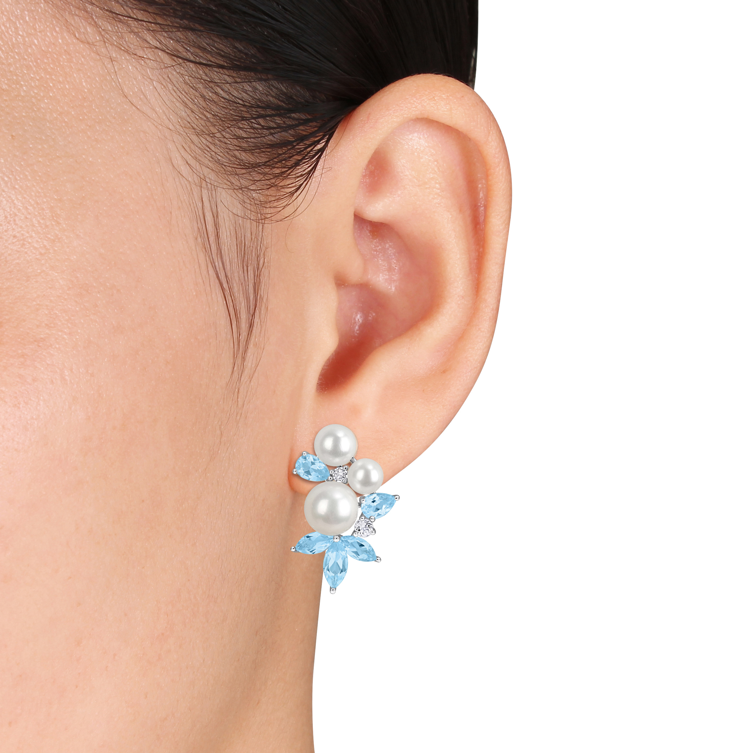 4.5-6.5mm Cultured Freshwater Pearl 5 1/2ct TGW Sky Blue and White Topaz Cluster Drop Earrings in Sterling Silver