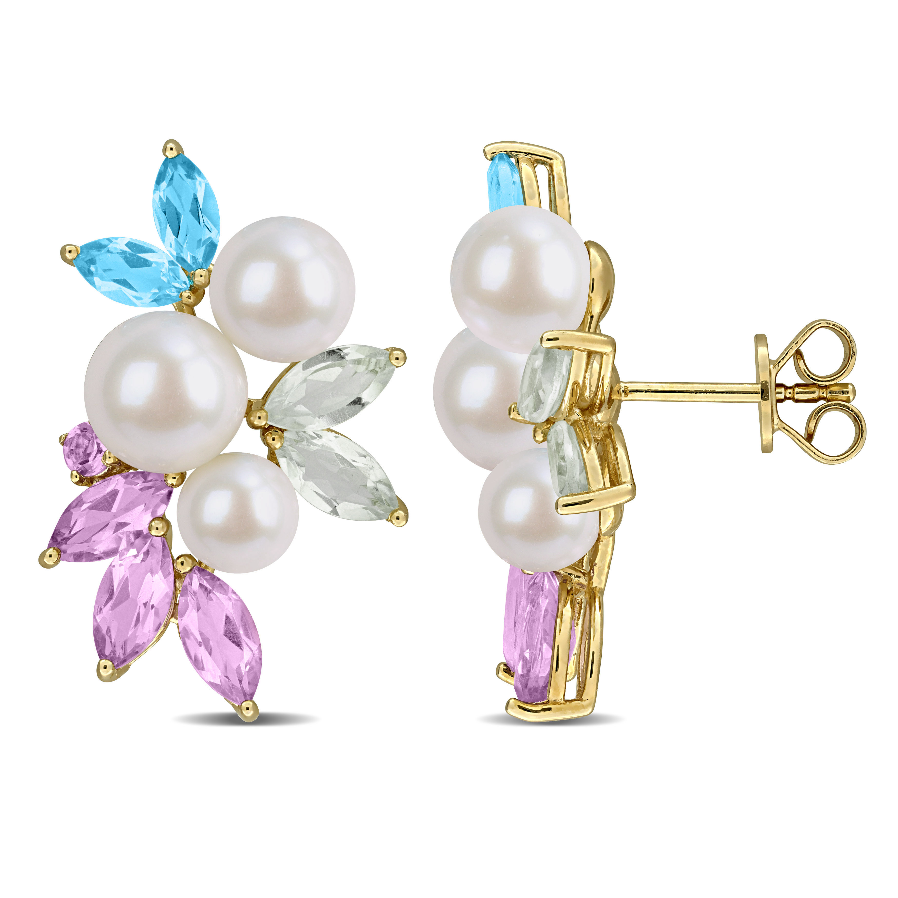6.5-8mm Cultured Freshwater Pearl and Multi-Gem Drop Earrings in Yellow Plated Sterling Silver