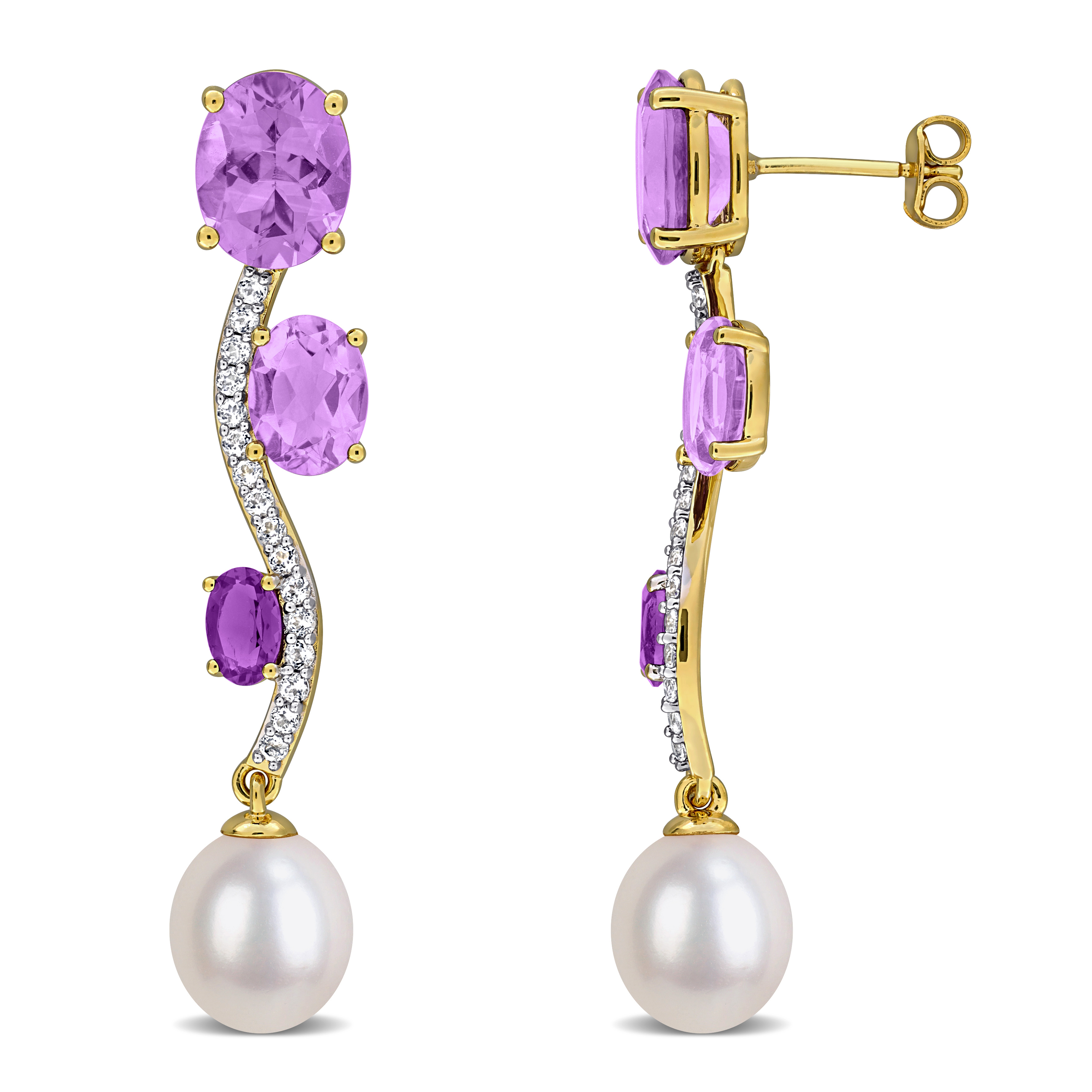 9-9.5mm Cultured Freshwater Pearl 8 1/3ct TGW Amethyst Rose de France Amethyst-Africa and White Topaz Wavy Drop Earrings in Yellow Plated Sterling Silver