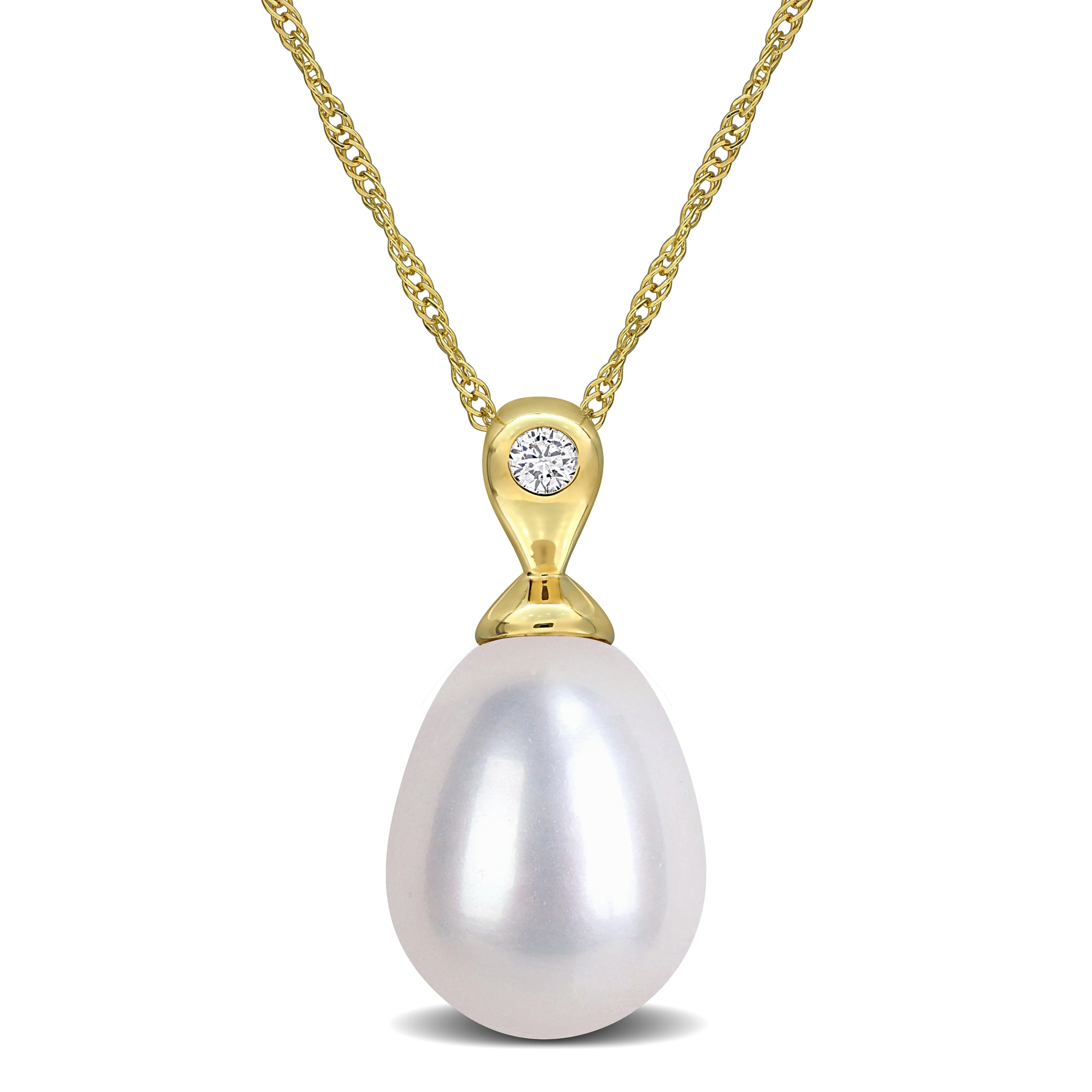 9-10mm Cultured Freshwater Pearl and Lab-Grown Diamond Accent Pendant with Chain in 10k Yellow Gold - 17 in