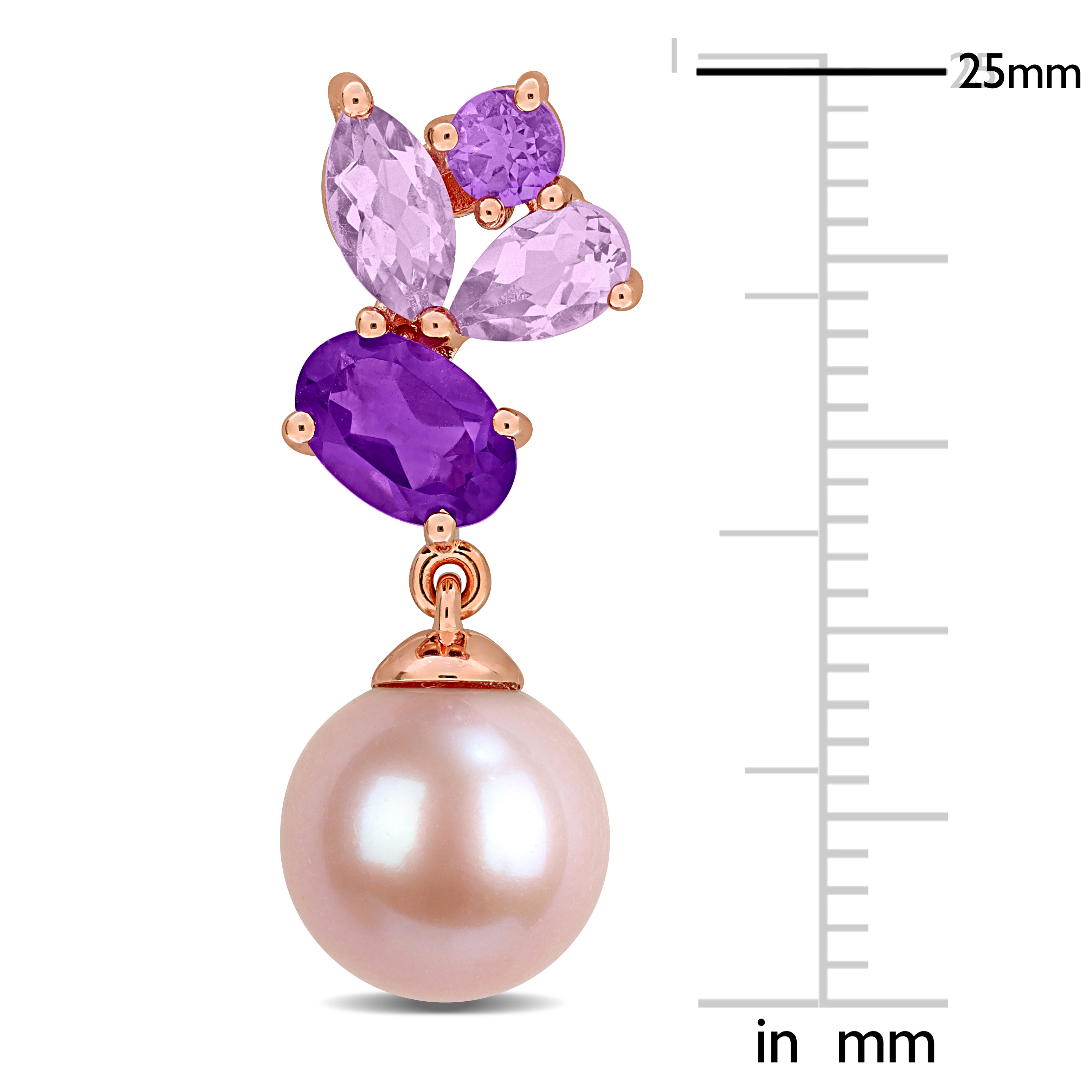 8-8.5mm Pink Cultured Freshwater Pearl 2ct TGW Rose de France and Amethyst-Africa Drop Earrings in Rose Plated Sterling Silver