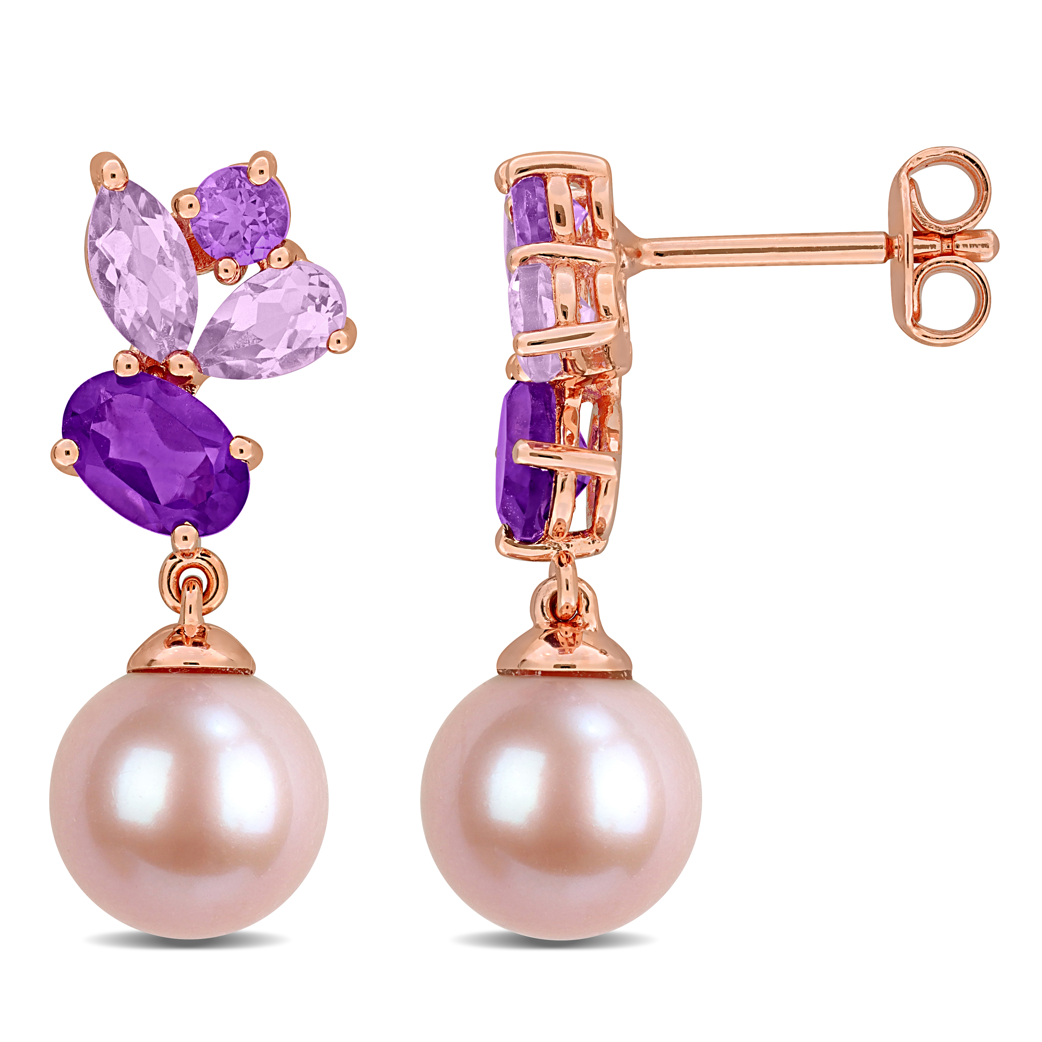 8-8.5mm Pink Cultured Freshwater Pearl 2ct TGW Rose de France and Amethyst-Africa Drop Earrings in Rose Plated Sterling Silver