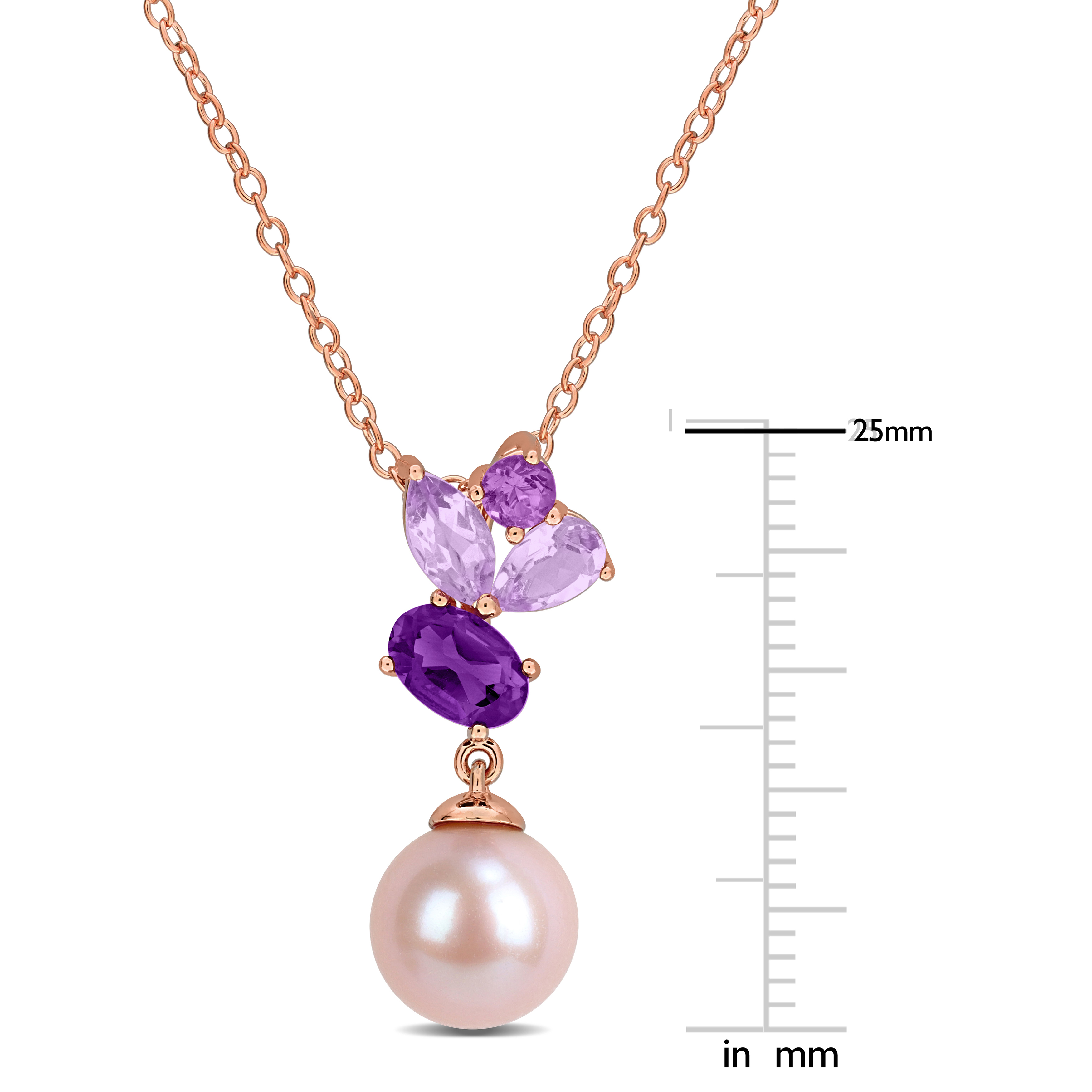 8-8.5mm Pink Cultured Freshwater Pearl 1ct TGW African Amethyst and Rose de France Drop Pendant with Chain in Rose Plated Sterling Silver - 17 in