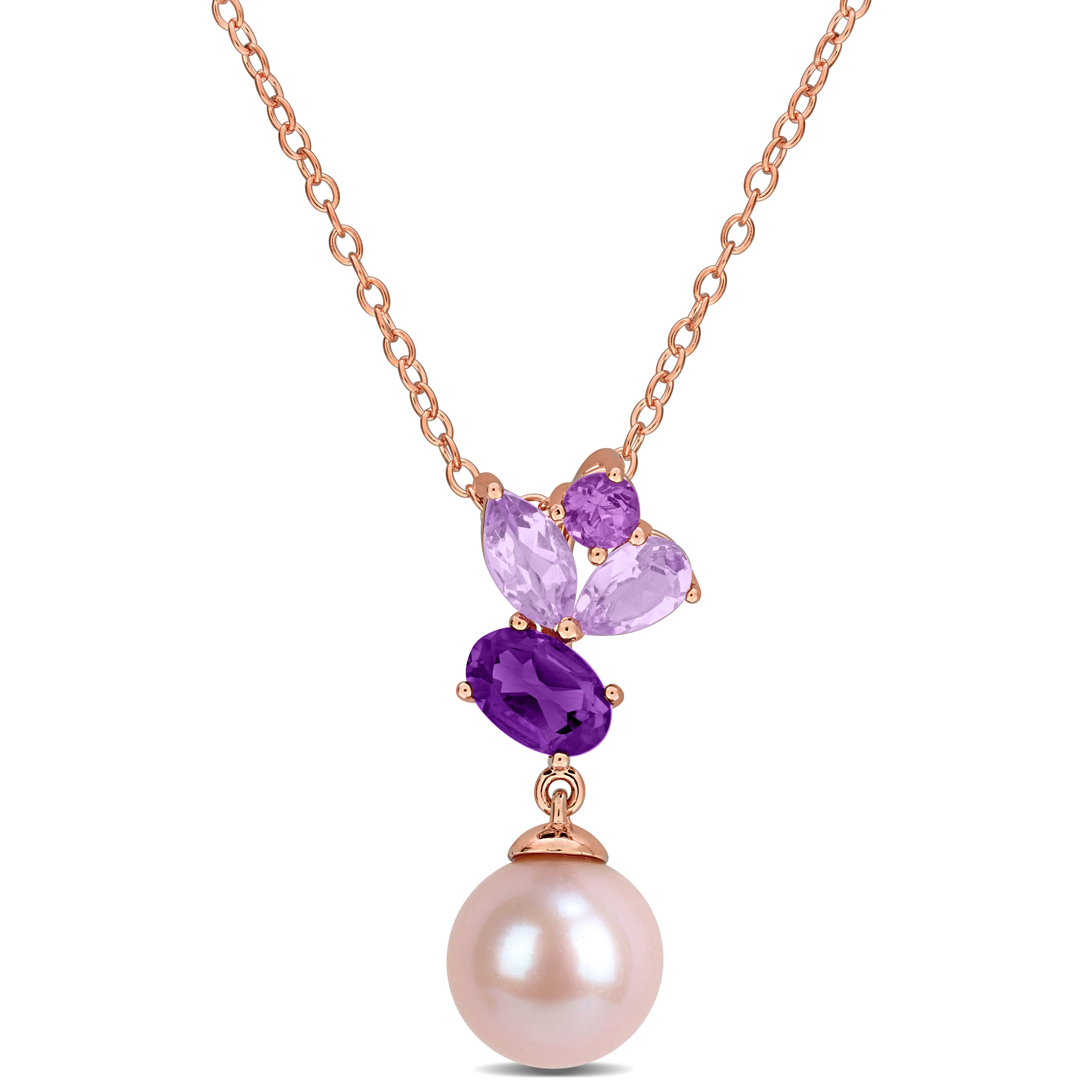 8-8.5mm Pink Cultured Freshwater Pearl 1ct TGW African Amethyst and Rose de France Drop Pendant with Chain in Rose Plated Sterling Silver - 17 in