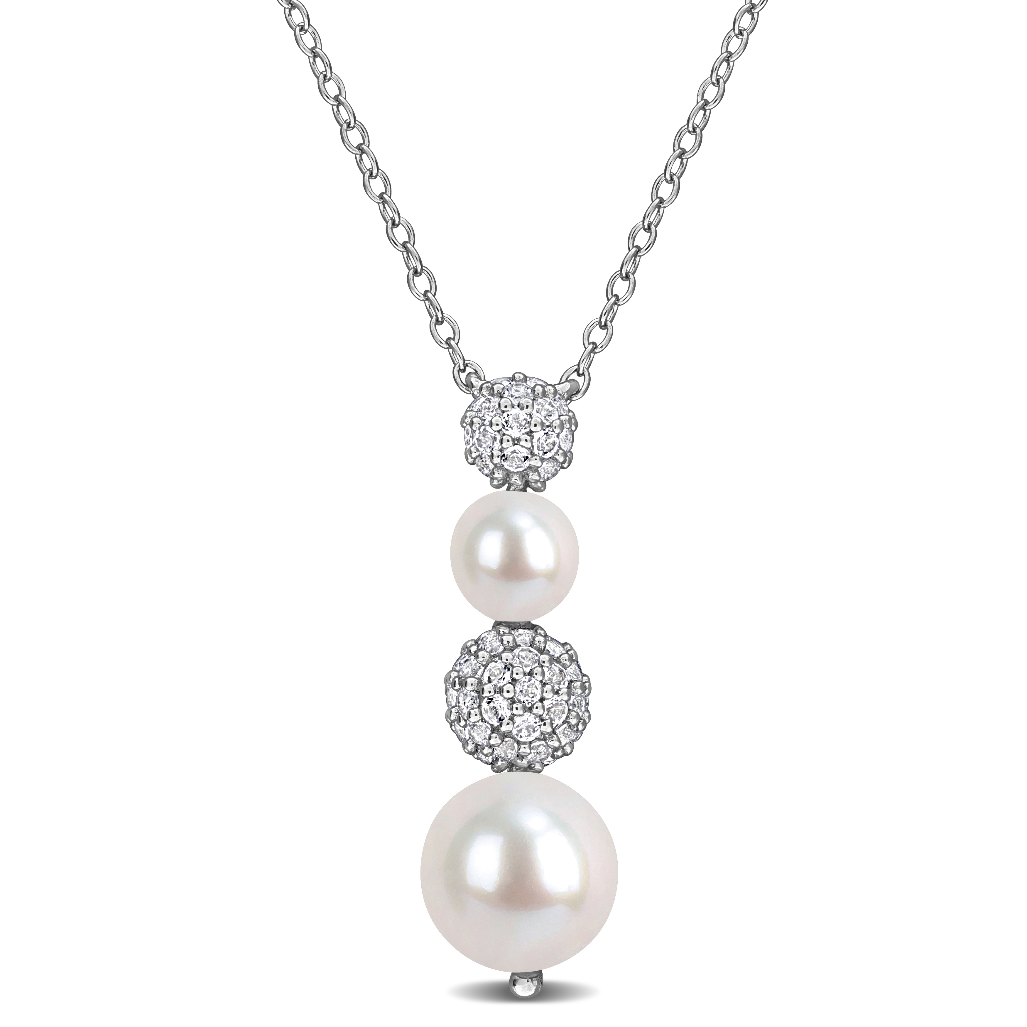 5-8.5mm Cultured Freshwater Pearl and 5/8ct TGW White Topaz Drop Pendant with Chain in Sterling Silver - 18 in