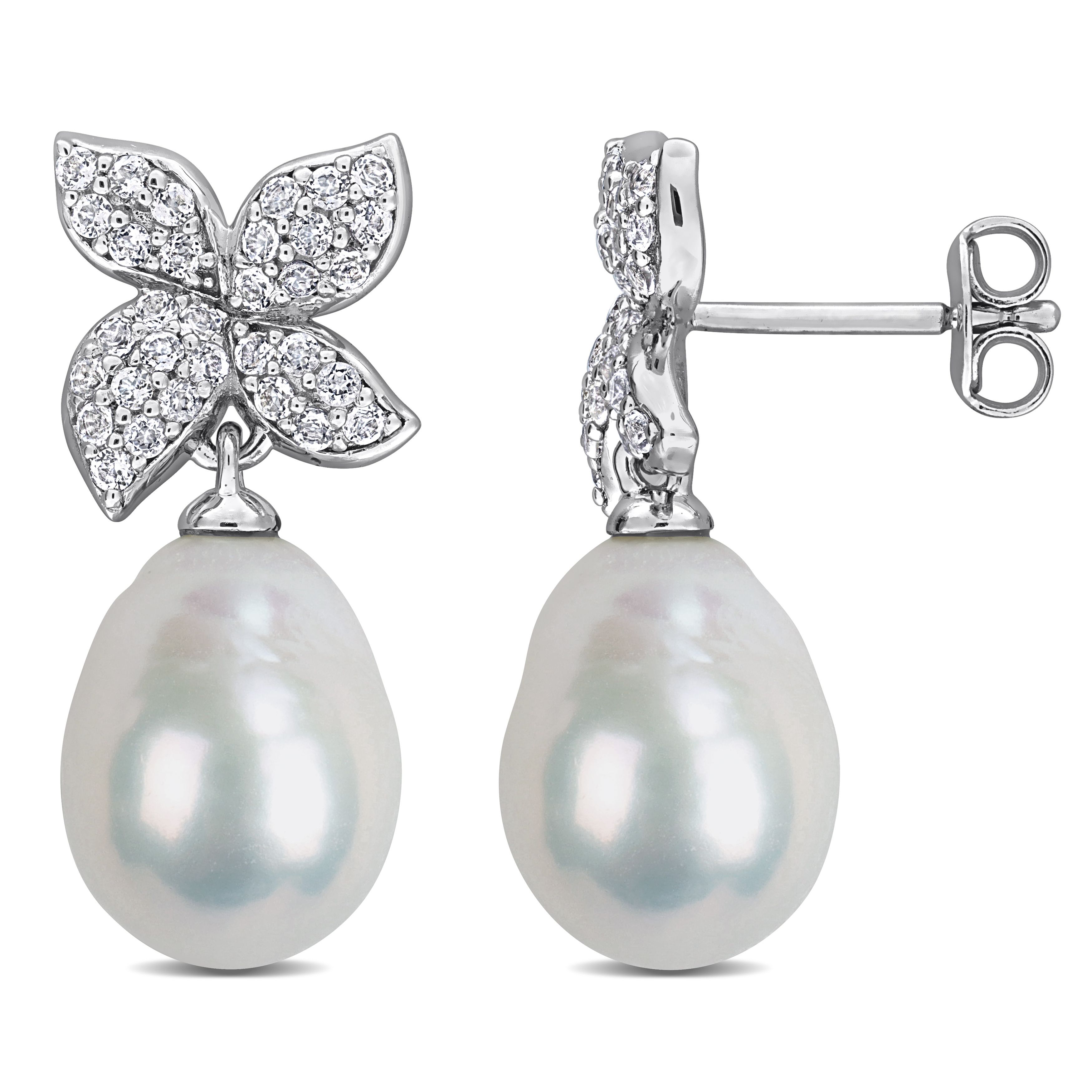 9-10mm Cultured Freshwater Pearl and 5/8ct TGW White Topaz Floral Drop Earrings in Sterling Silver