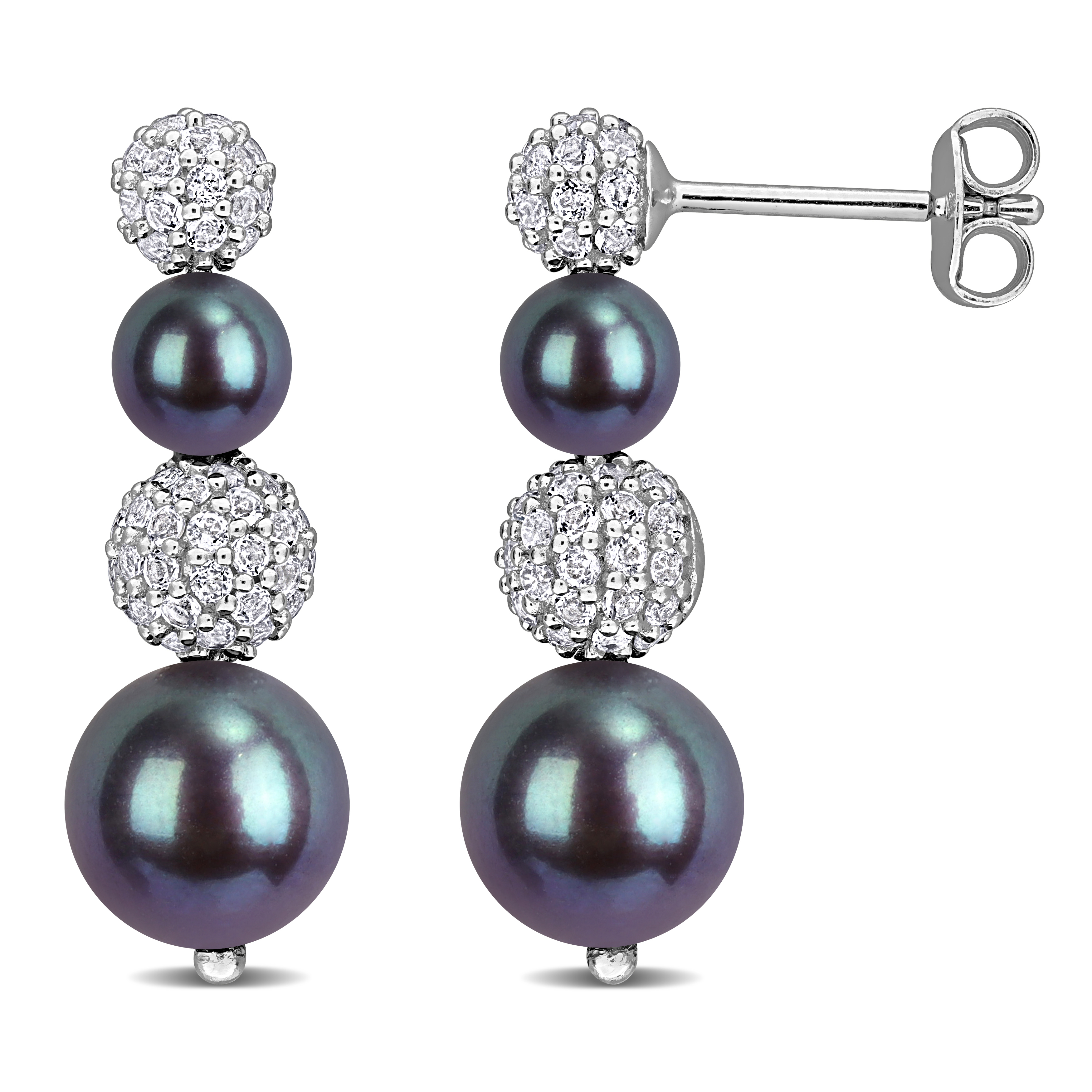 5-8.5mm Black Cultured Freshwater Pearl and 1 1/5ct TGW White Topaz Drop Earrings in Sterling Silver