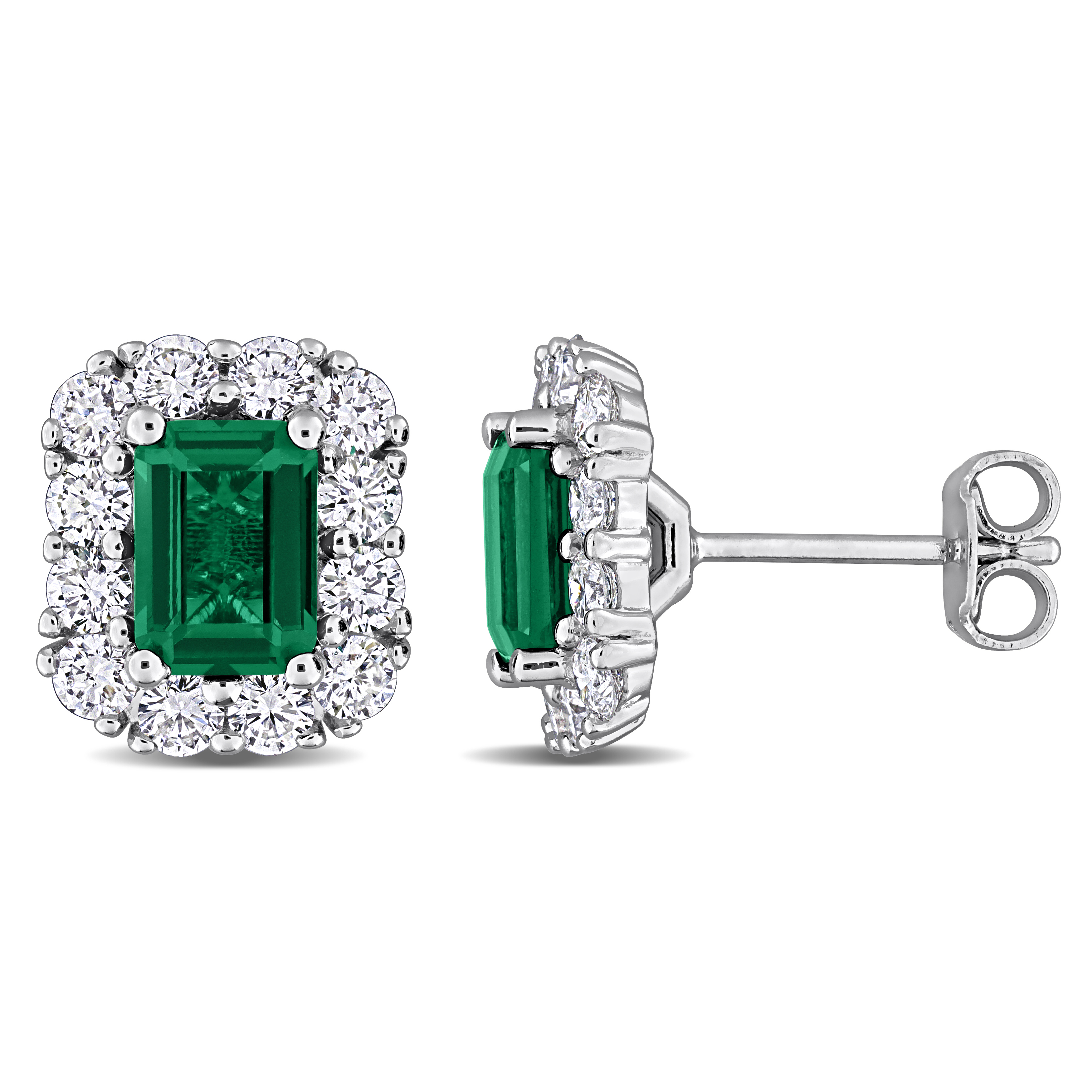 1 4/5ct TGW Created Emerald and 1 1/3ct TW Lab-Grown Diamond Halo Stud Earrings in Sterling Silver
