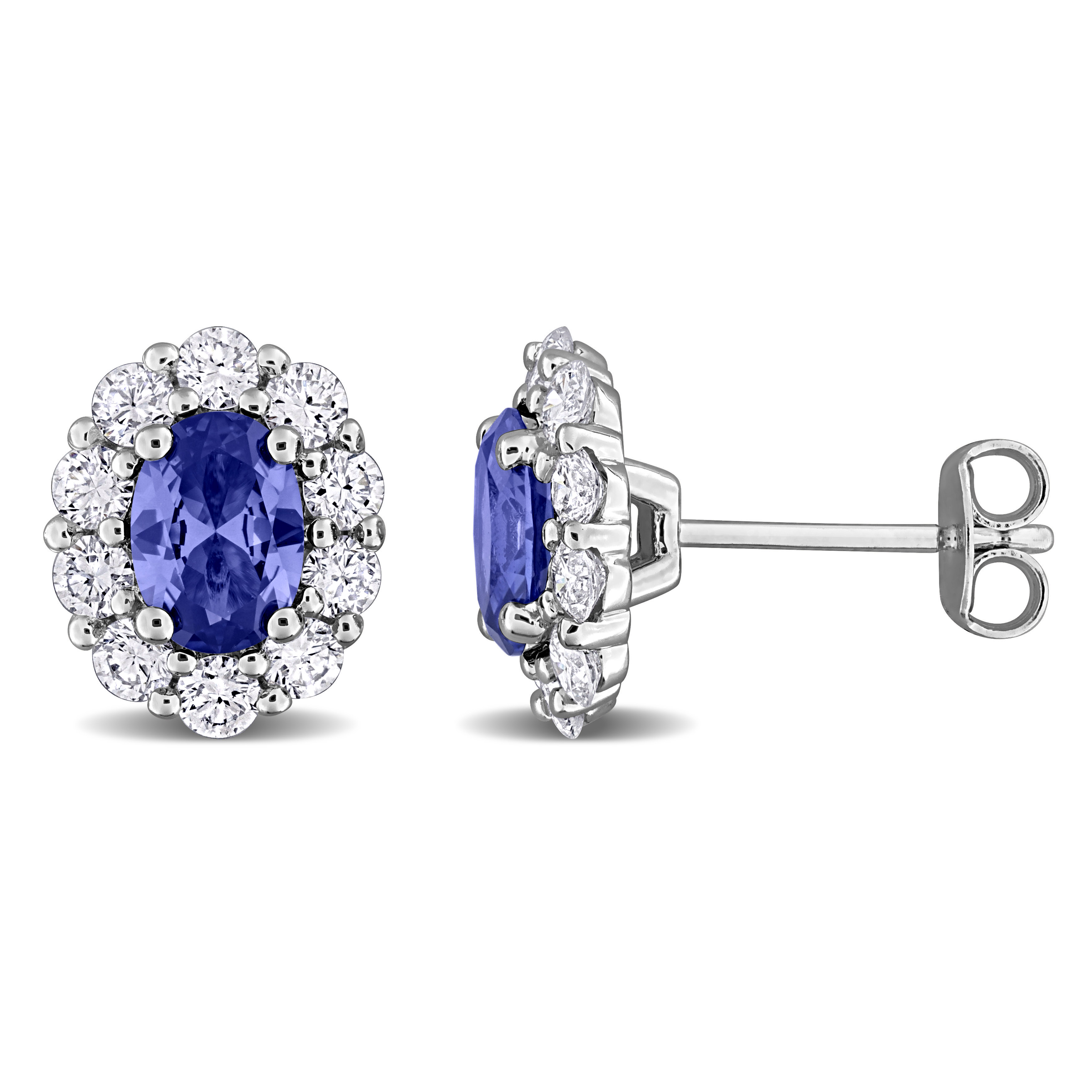 1 7/8ct TGW Created Blue Sapphire and 1 1/5ct TW Lab-Grown Diamond Halo Stud Earrings in Sterling Silver