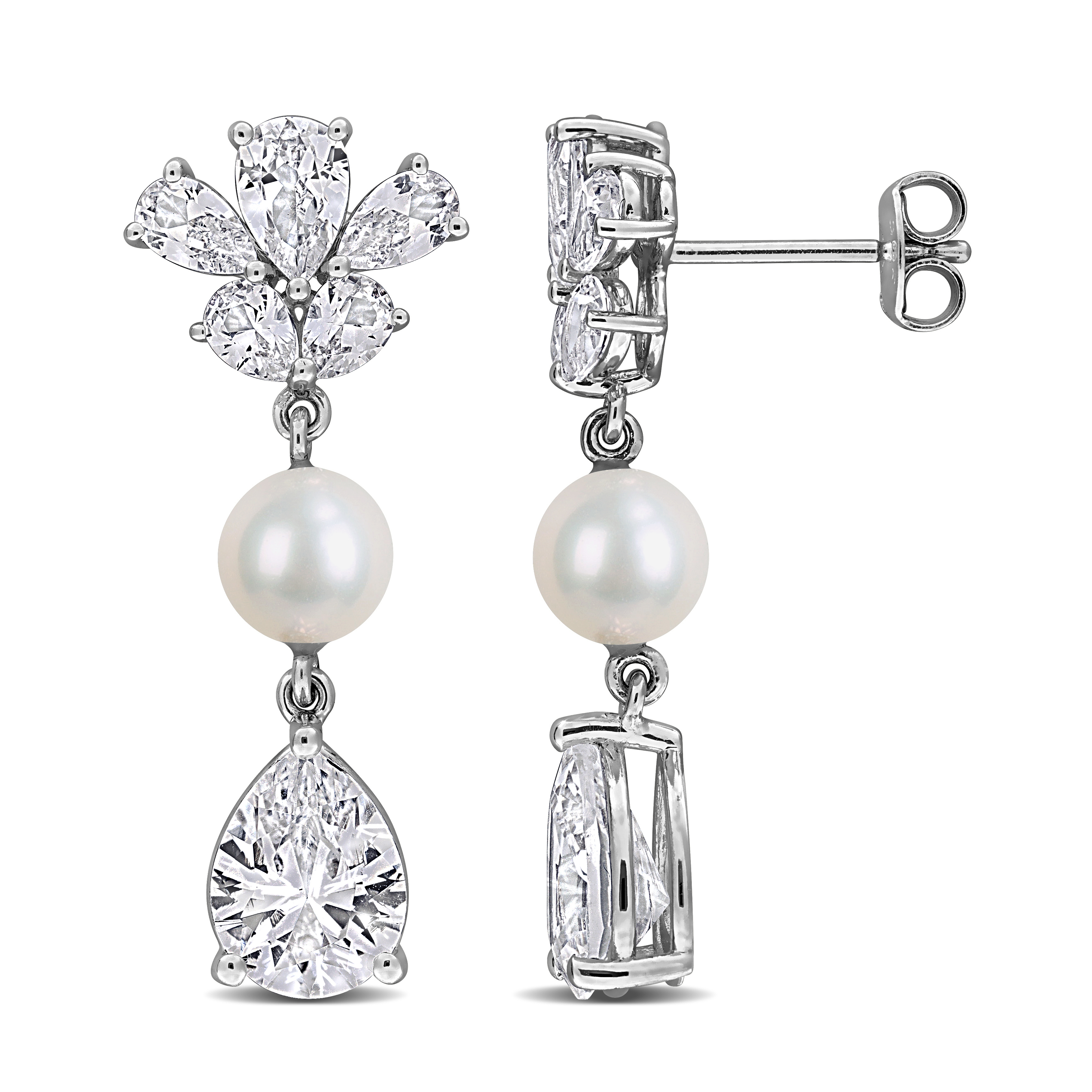 6-6.5mm Cultured Freshwater Pearl 8 7/8ct TGW Created White Sapphire Drop Earrings in Sterling Silver