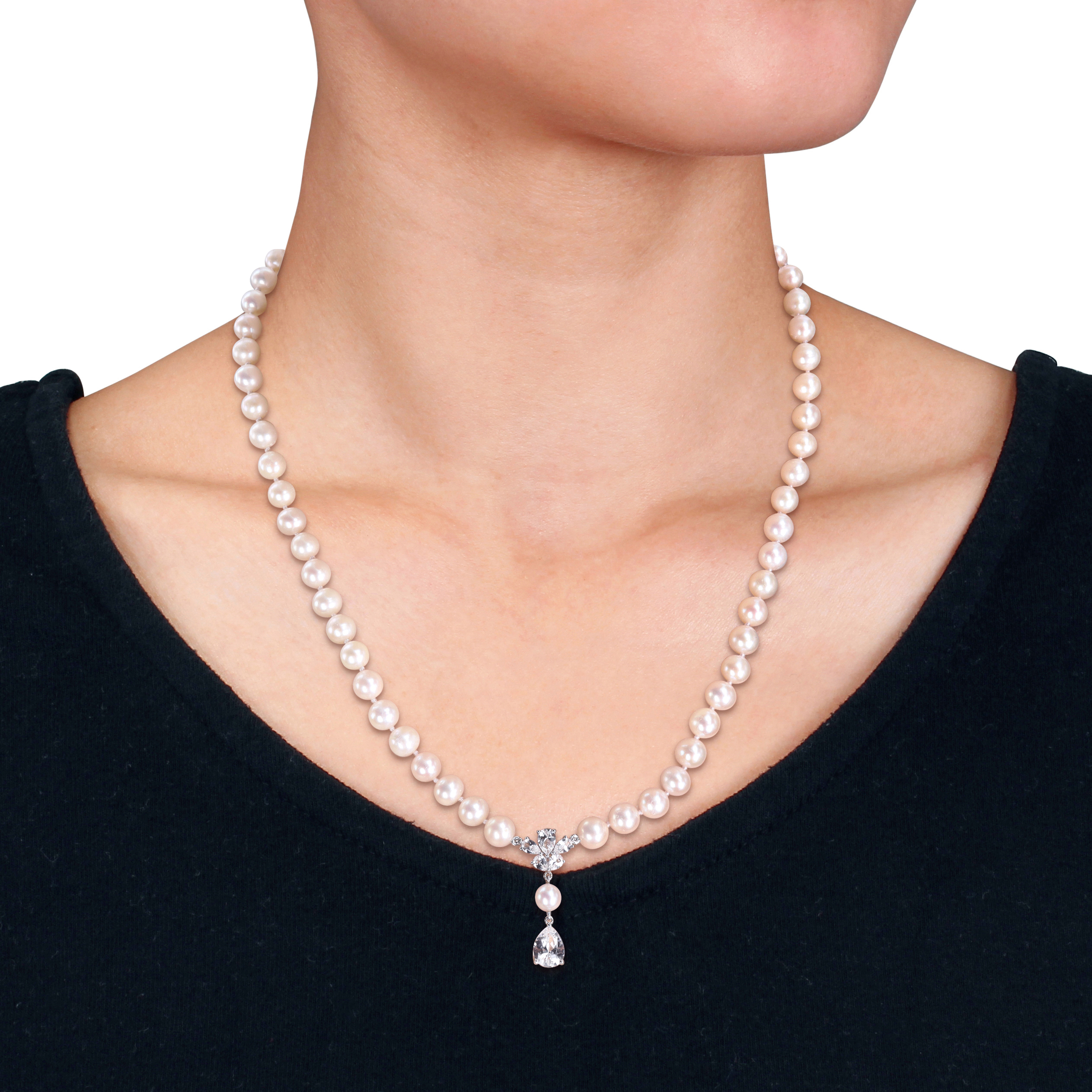 6-7mm Cultured Freshwater Pearl and 4 1/2ct TGW Created White Sapphire Drop Necklace in Sterling Silver - 17 in