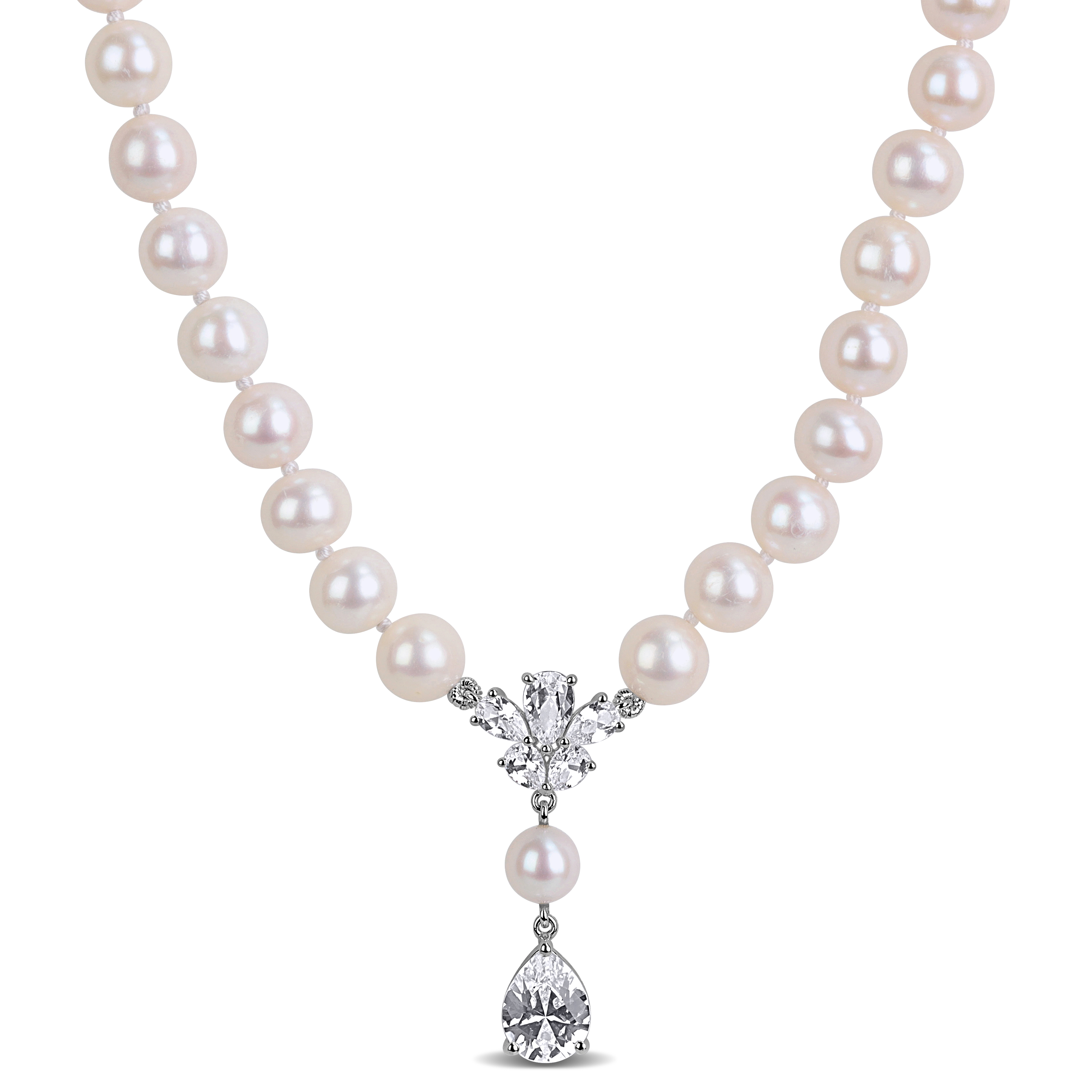 6-7mm Cultured Freshwater Pearl and 4 1/2ct TGW Created White Sapphire Drop Necklace in Sterling Silver - 17 in