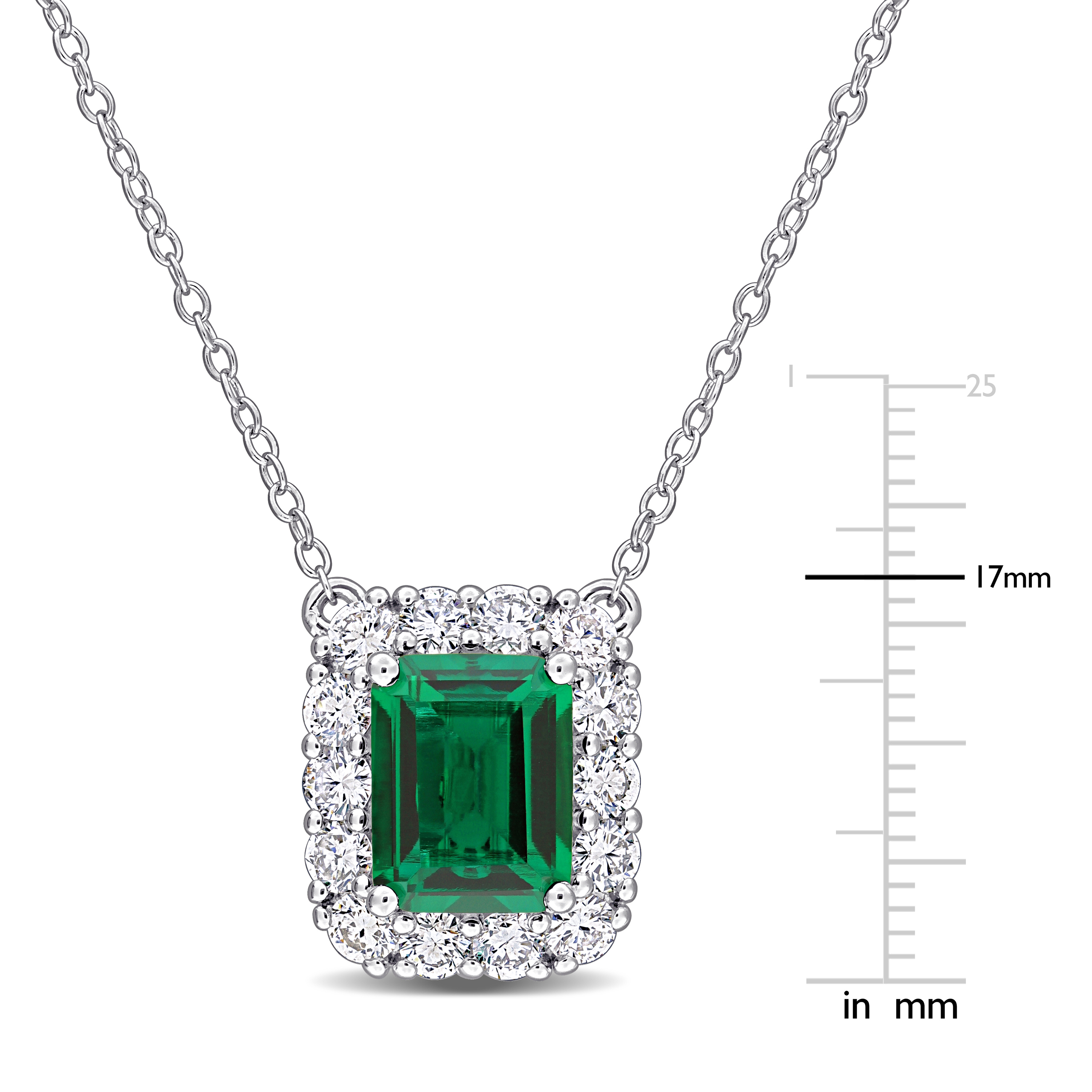 2 1/3ct TGW Created Emerald and 1ct TW Lab-Grown Diamond Halo Pendant with Chain in Sterling Silver - 17 in