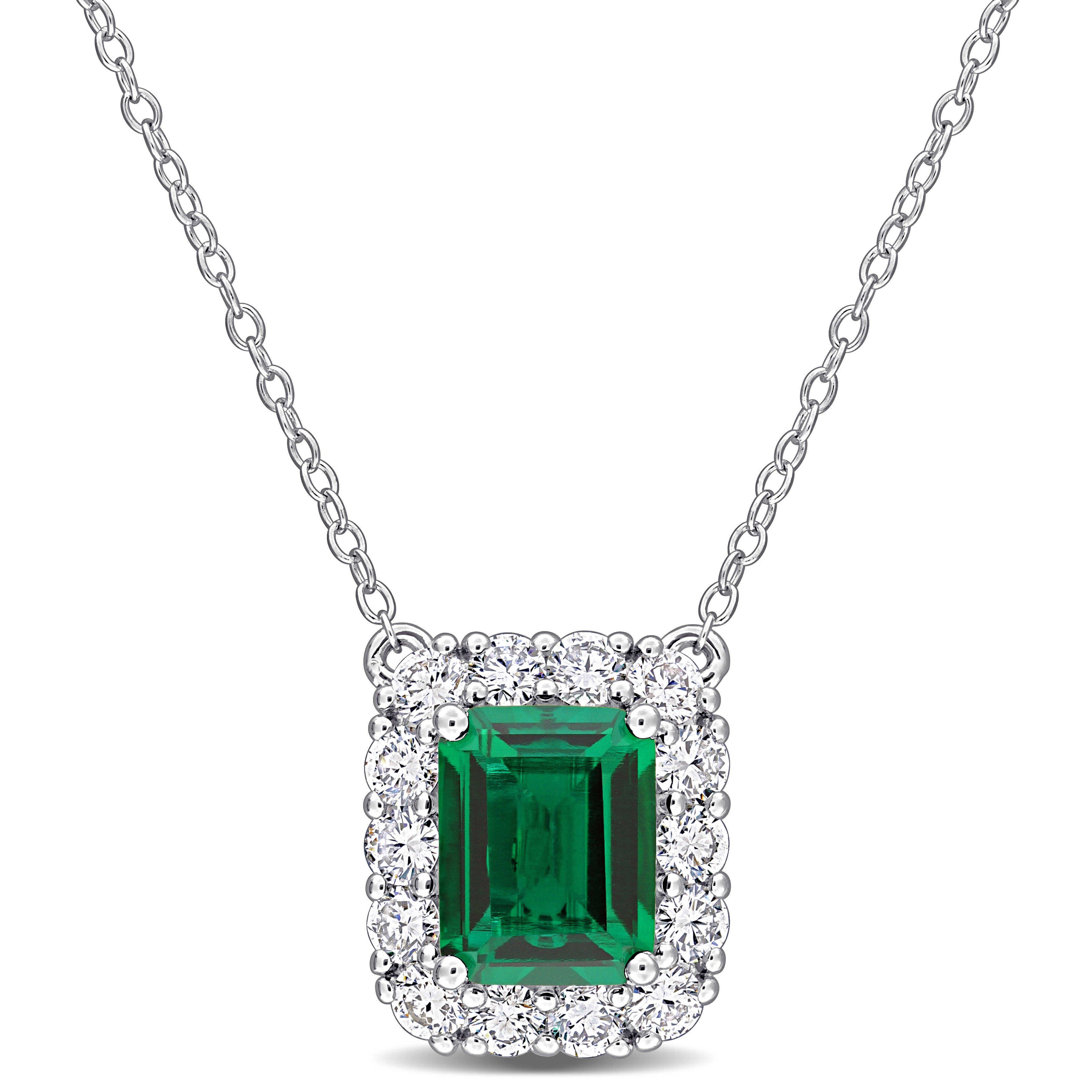 2 1/3ct TGW Created Emerald and 1ct TW Lab-Grown Diamond Halo Pendant with Chain in Sterling Silver - 17 in