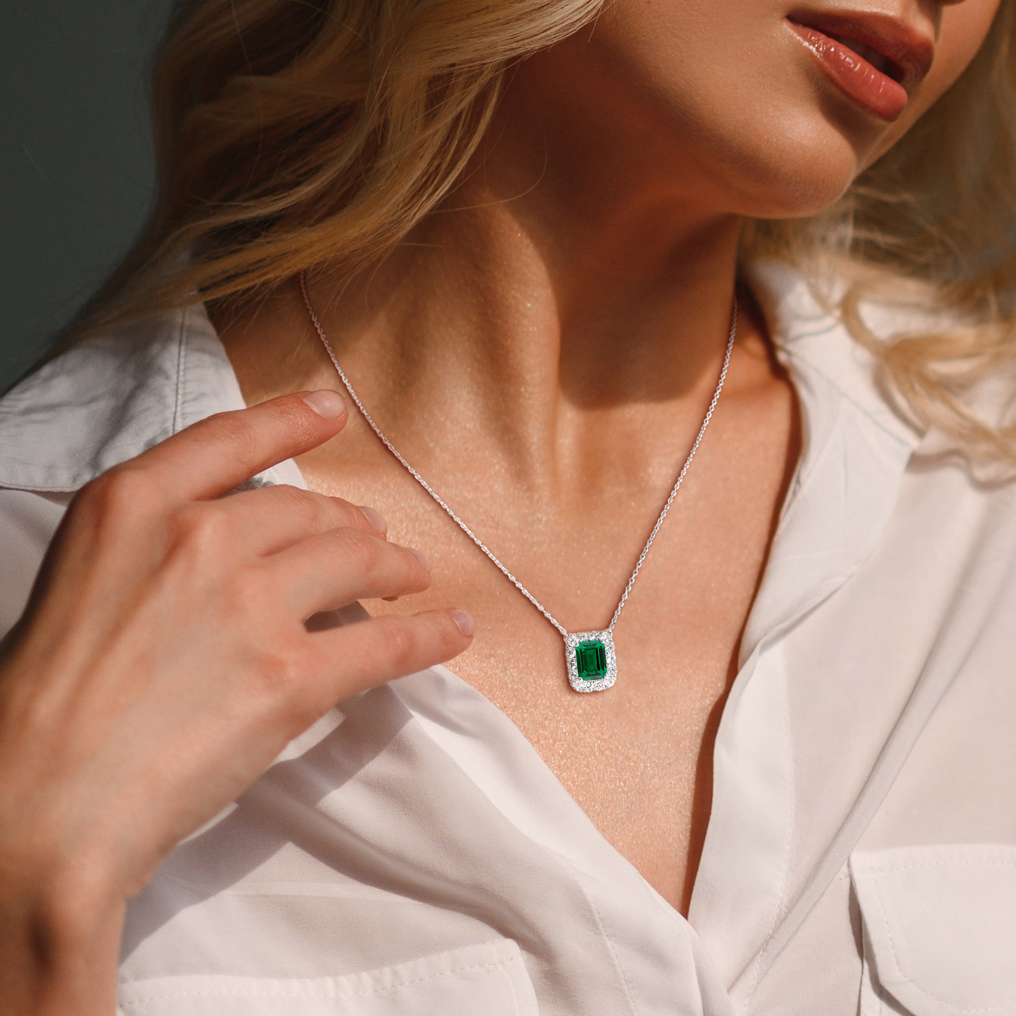 2 1/3ct TGW Created Emerald and 1ct TW Lab-Grown Diamond Halo Pendant with Chain in Sterling Silver - 17 in