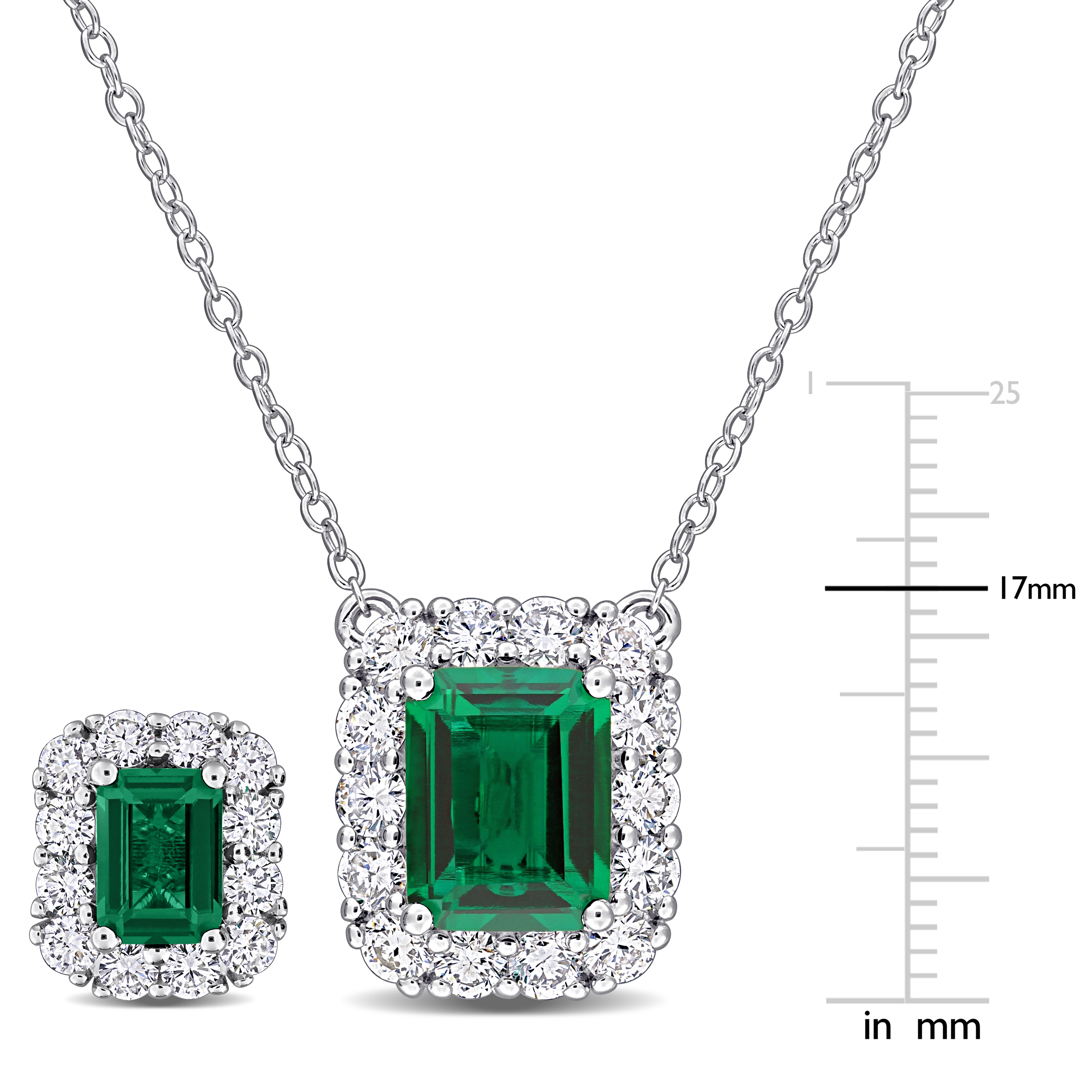 4 1/10ct TGW Created Emerald and 2 1/3ct TW Lab-Grown Diamond Halo Necklace and Stud Earrings in Sterling Silver - 17 in
