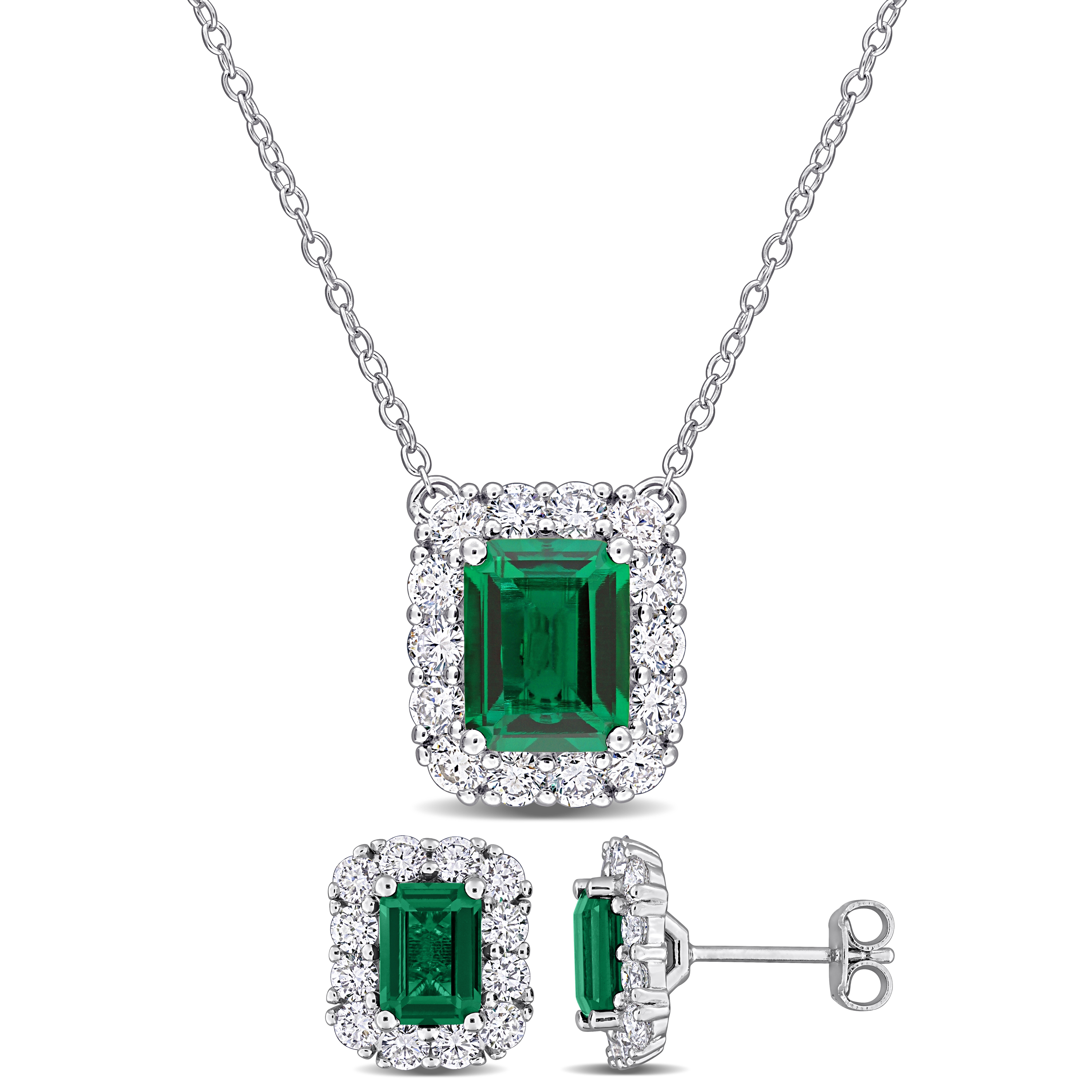 4 1/10ct TGW Created Emerald and 2 1/3ct TW Lab-Grown Diamond Halo Necklace and Stud Earrings in Sterling Silver - 17 in