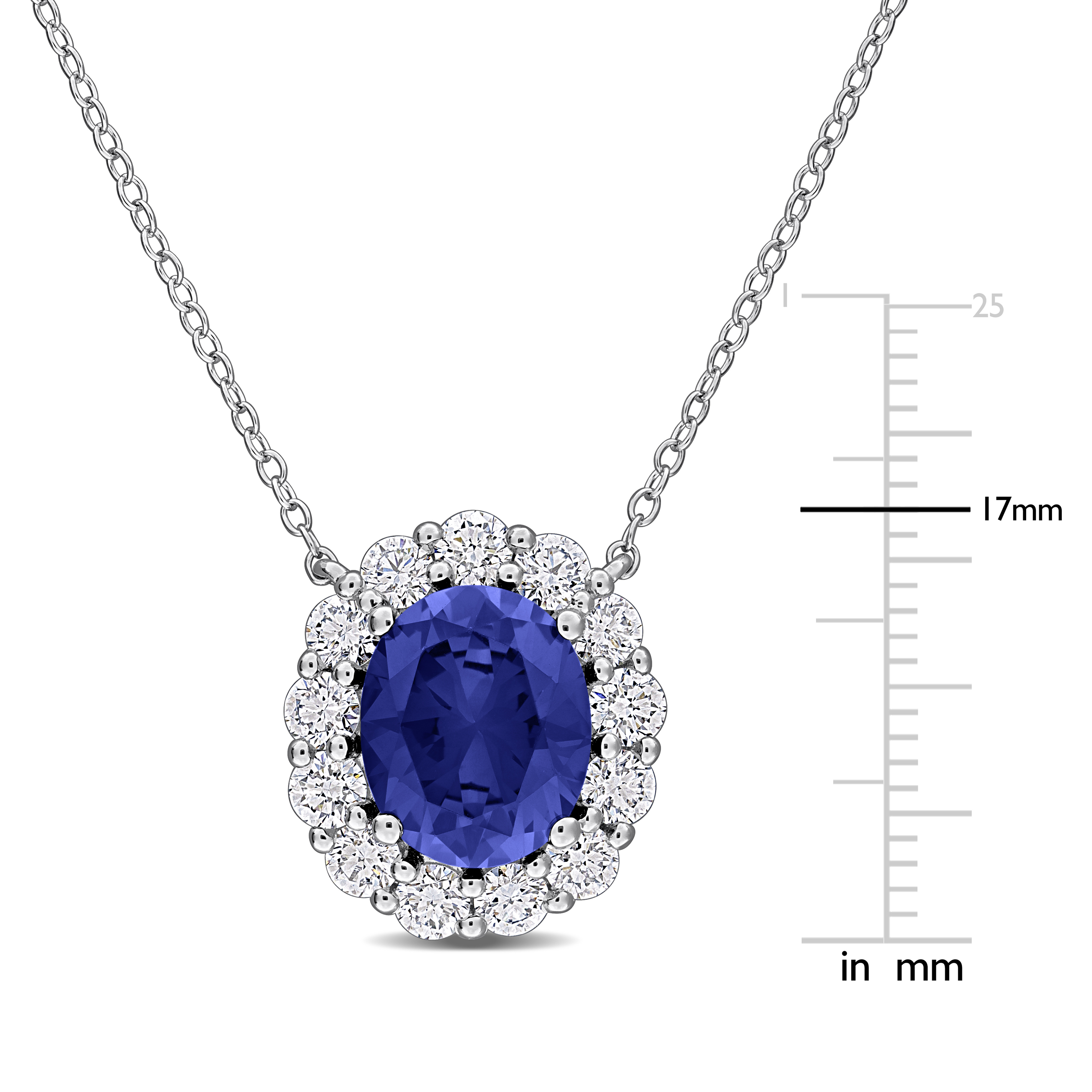 5 5/8ct TGW Created Blue Sapphire and 1 1/3ct TW Lab-Grown Diamond Halo Necklace in Sterling Silver - 17 in