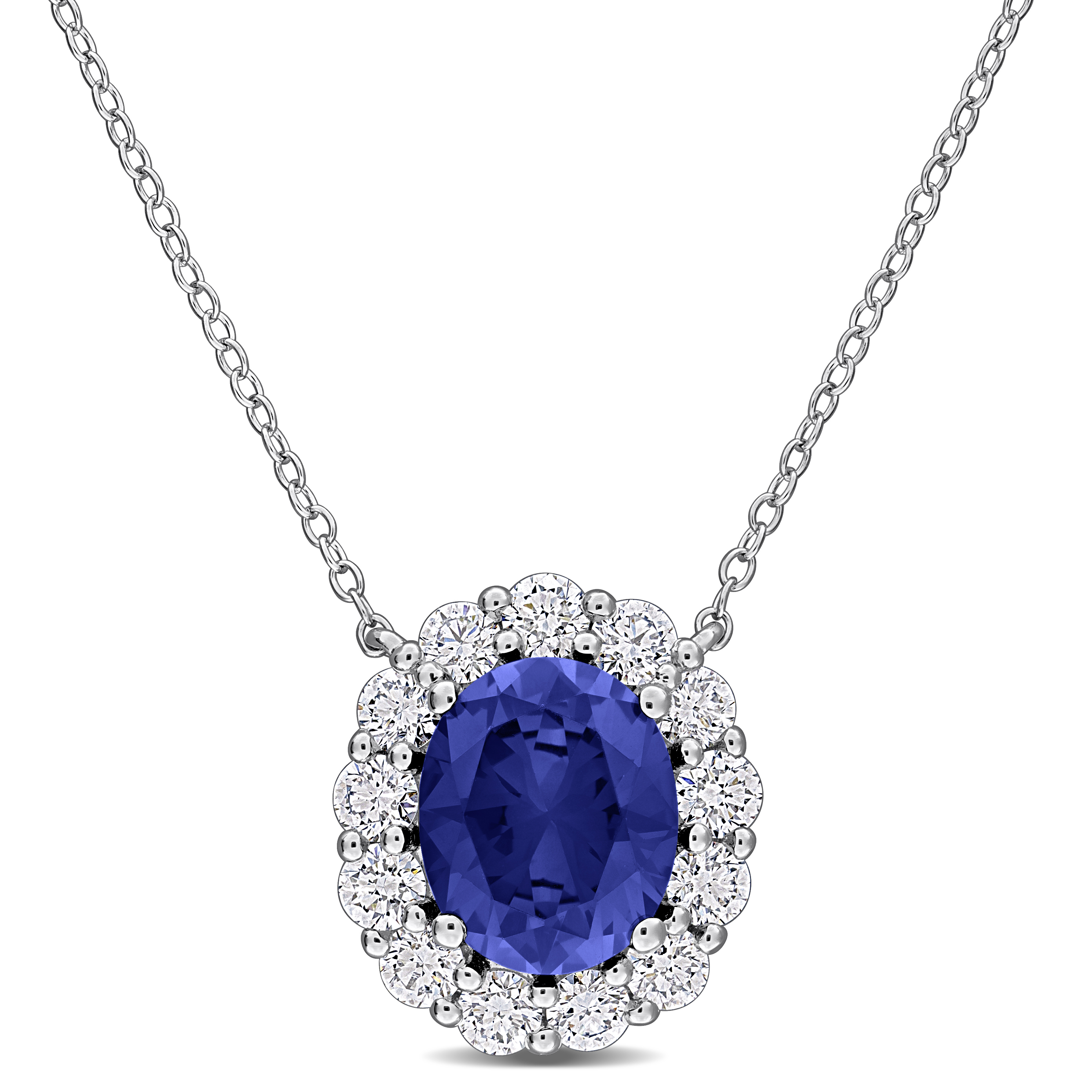 5 5/8ct TGW Created Blue Sapphire and 1 1/3ct TW Lab-Grown Diamond Halo Necklace in Sterling Silver - 17 in