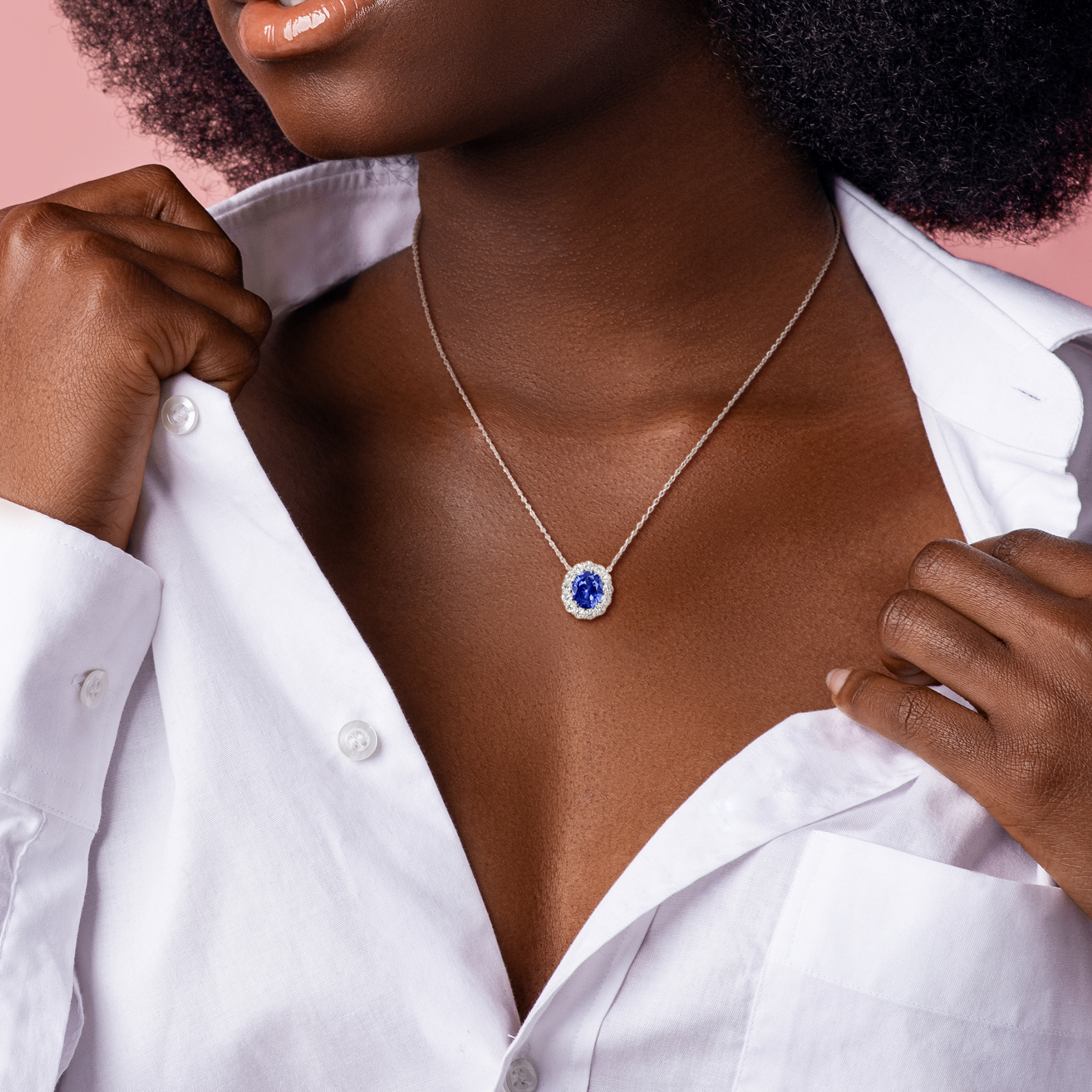 5 5/8ct TGW Created Blue Sapphire and 1 1/3ct TW Lab-Grown Diamond Halo Necklace in Sterling Silver - 17 in