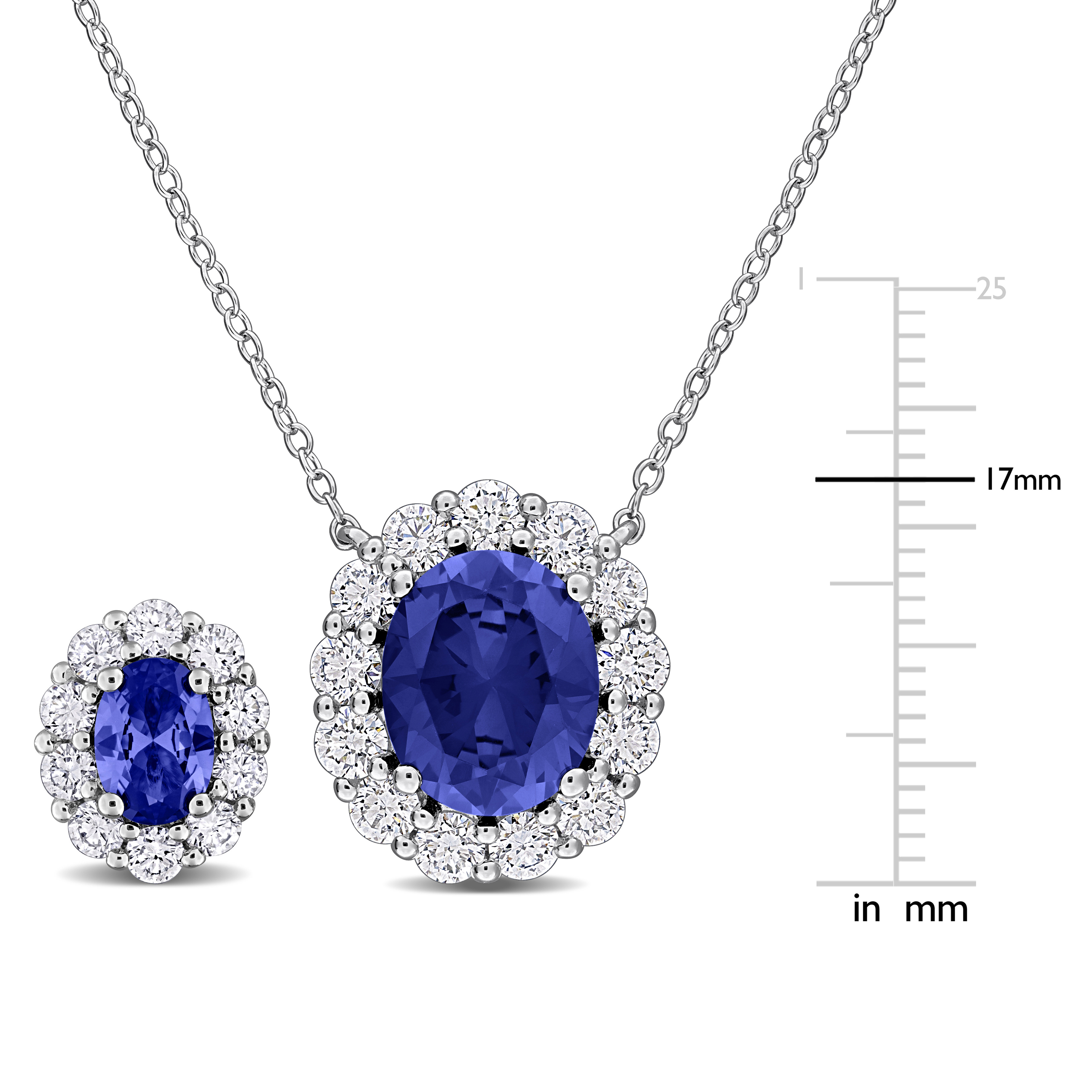 7 1/2ct TGW Oval-Cut Created Blue Sapphire and 2 1/2ct TW Lab-Grown Diamond Halo Necklace and Stud Earrings in Sterling Silver - 17 in