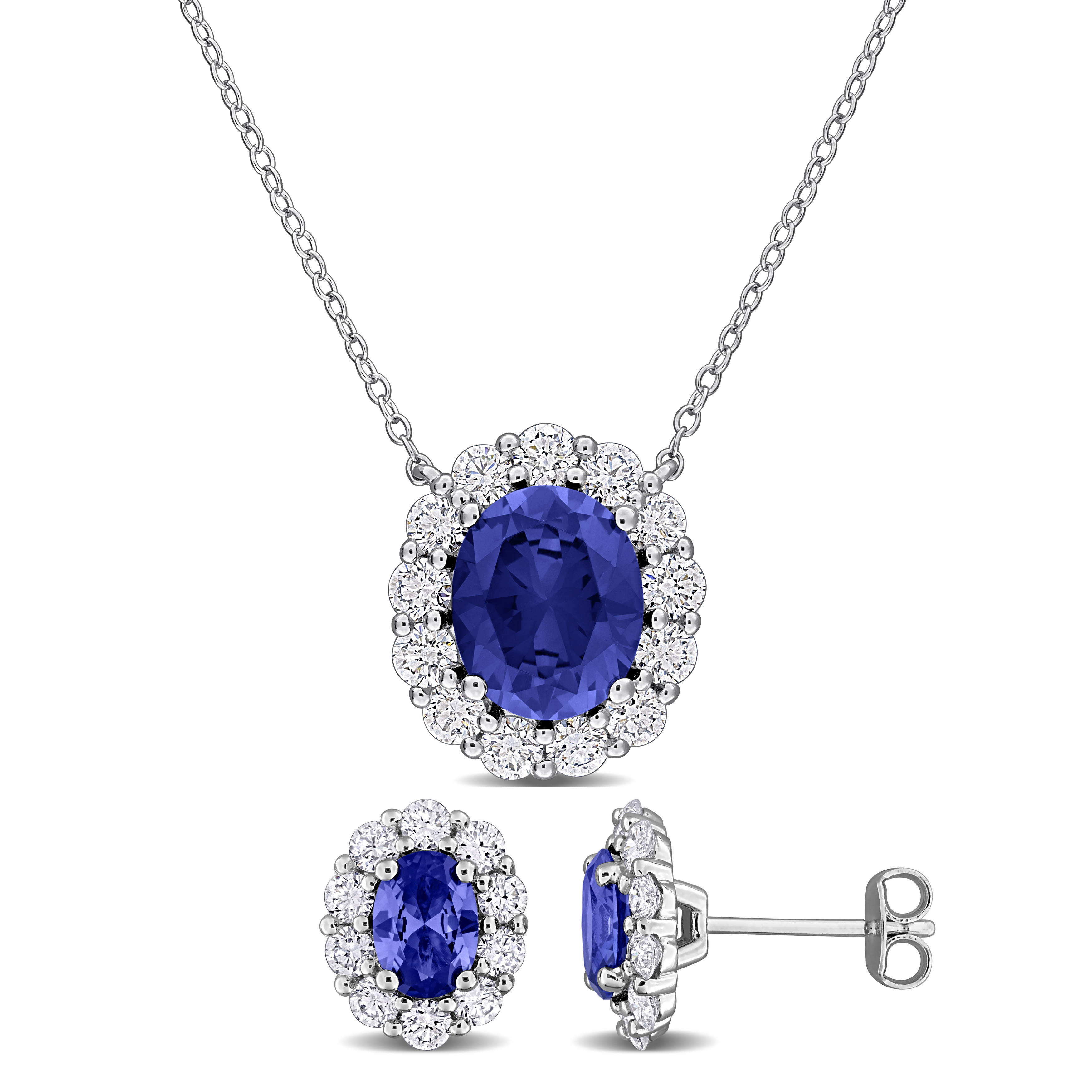 7 1/2ct TGW Oval-Cut Created Blue Sapphire and 2 1/2ct TW Lab-Grown Diamond Halo Necklace and Stud Earrings in Sterling Silver - 17 in