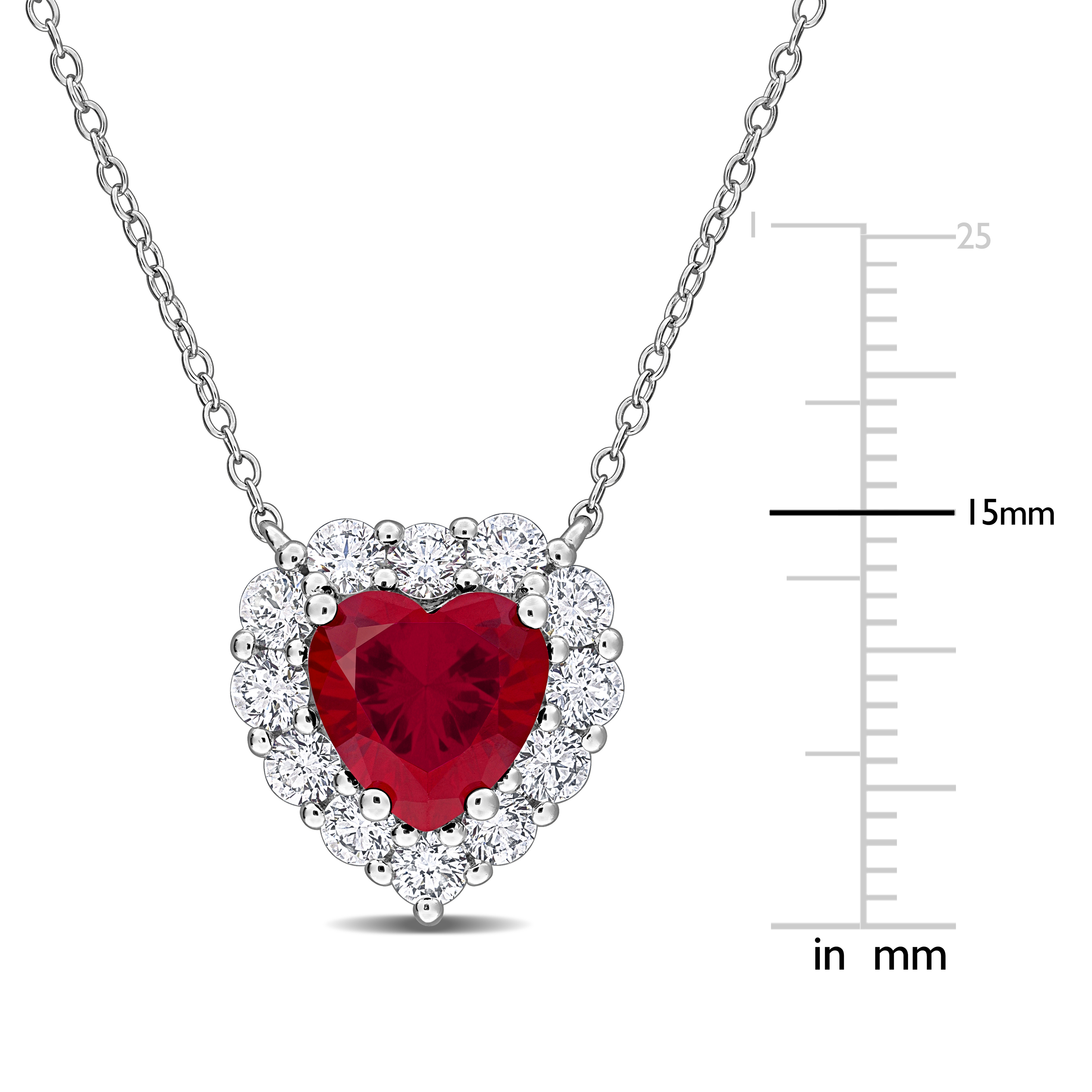 3ct TGW Created Ruby and 1 1/3ct TW Lab-Grown Diamond Heart Halo Necklace in Sterling Silver - 17 in