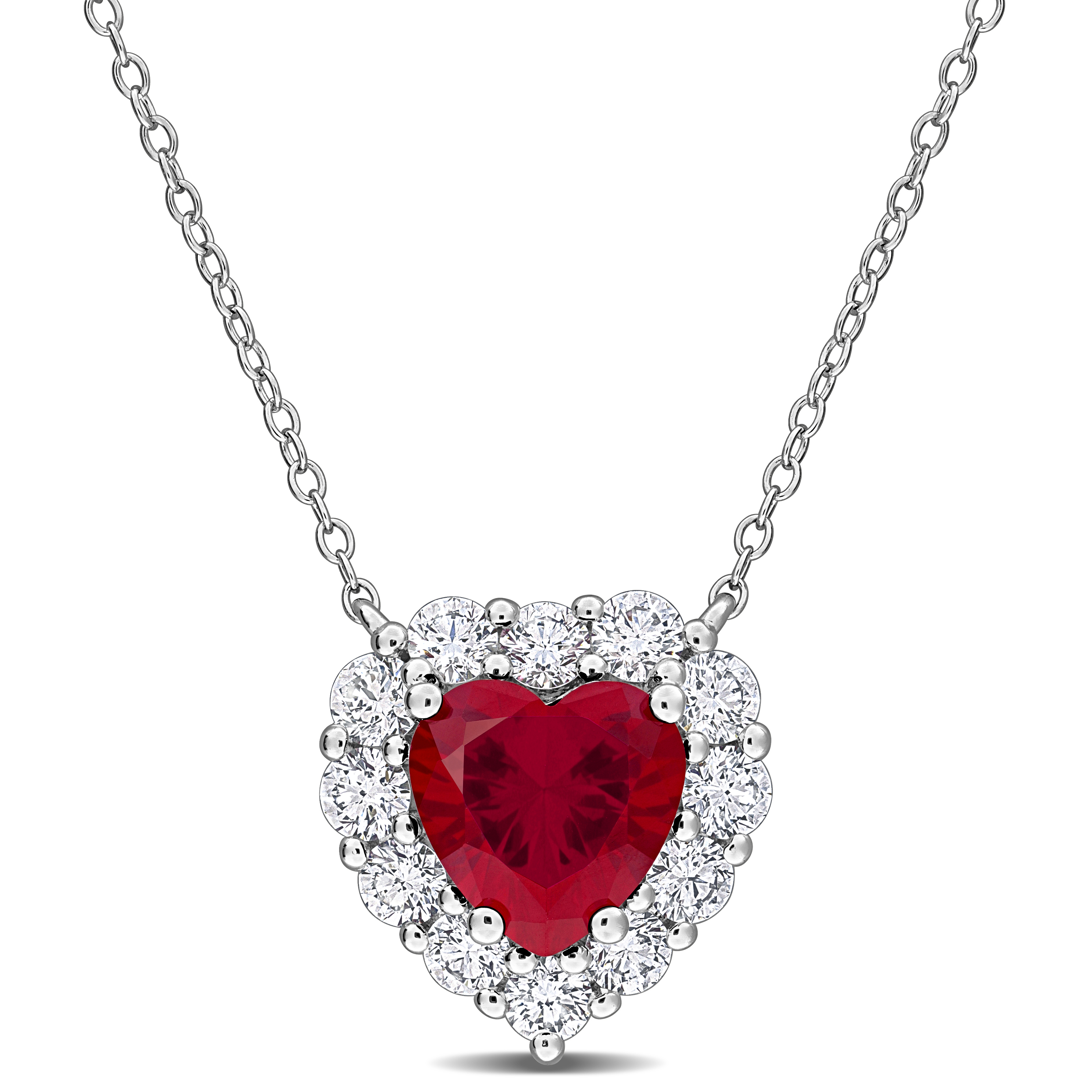 3ct TGW Created Ruby and 1 1/3ct TW Lab-Grown Diamond Heart Halo Necklace in Sterling Silver - 17 in