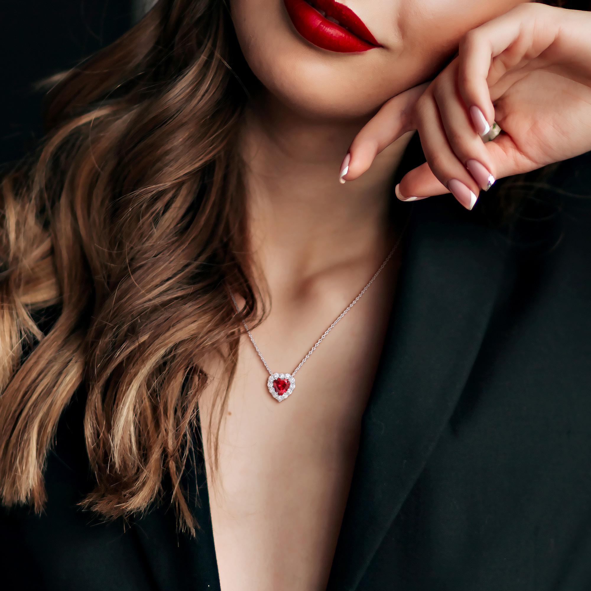 3ct TGW Created Ruby and 1 1/3ct TW Lab-Grown Diamond Heart Halo Necklace in Sterling Silver - 17 in
