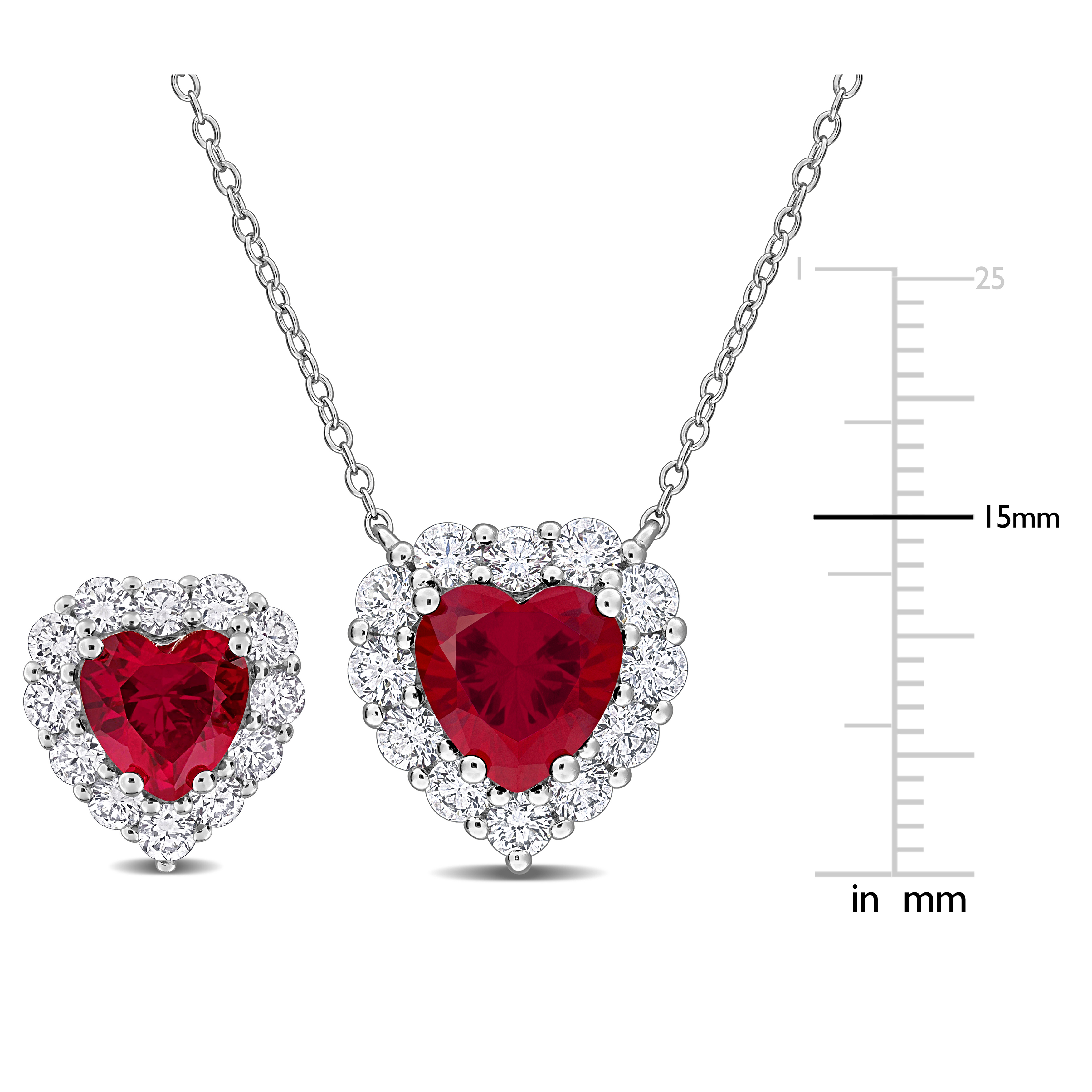 6 1/4ct TGW Created Ruby and 2 3/4ct TW Lab-Grown Diamond Heart Halo Necklace and Stud Earrings in Sterling Silver - 17 in