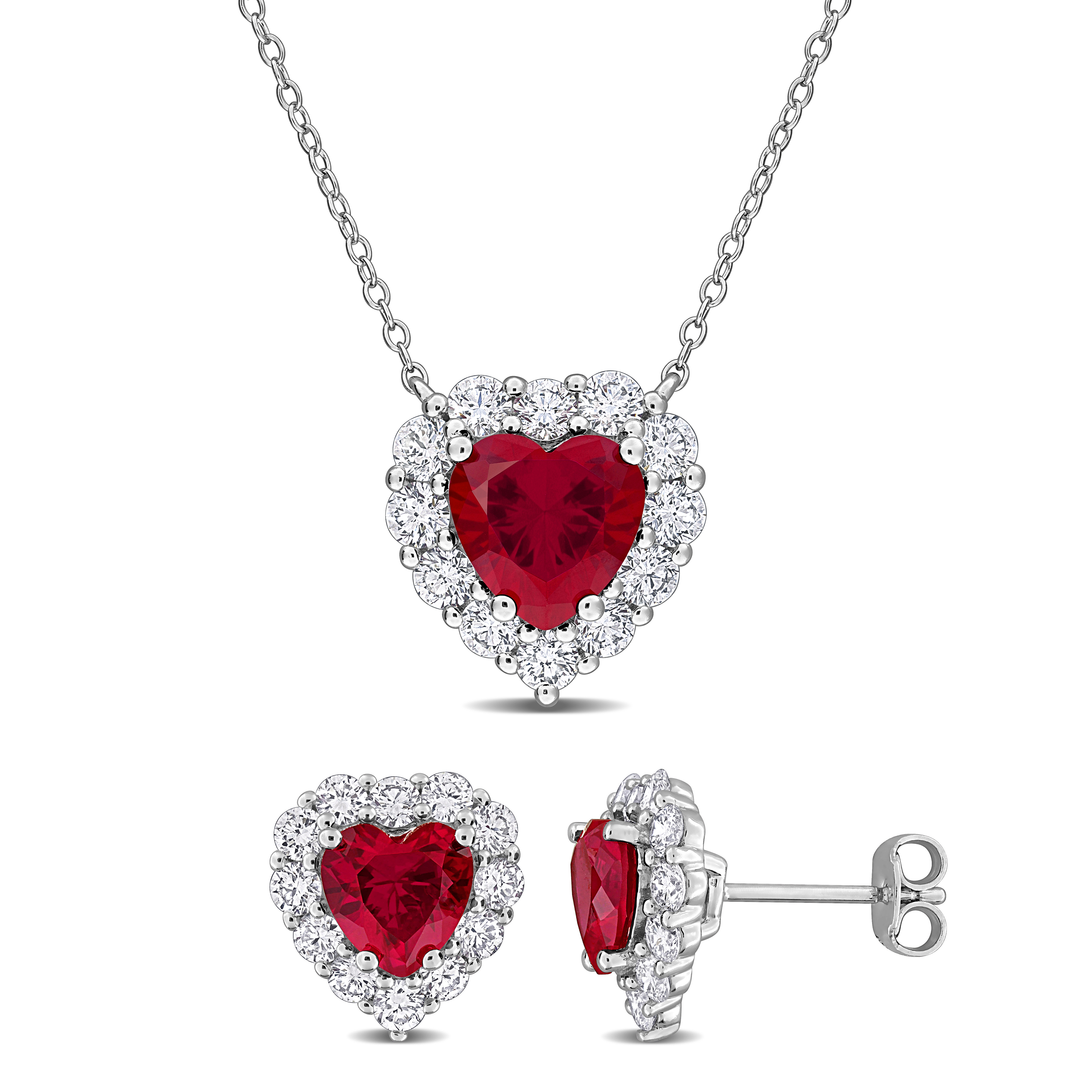 6 1/4ct TGW Created Ruby and 2 3/4ct TW Lab-Grown Diamond Heart Halo Necklace and Stud Earrings in Sterling Silver - 17 in