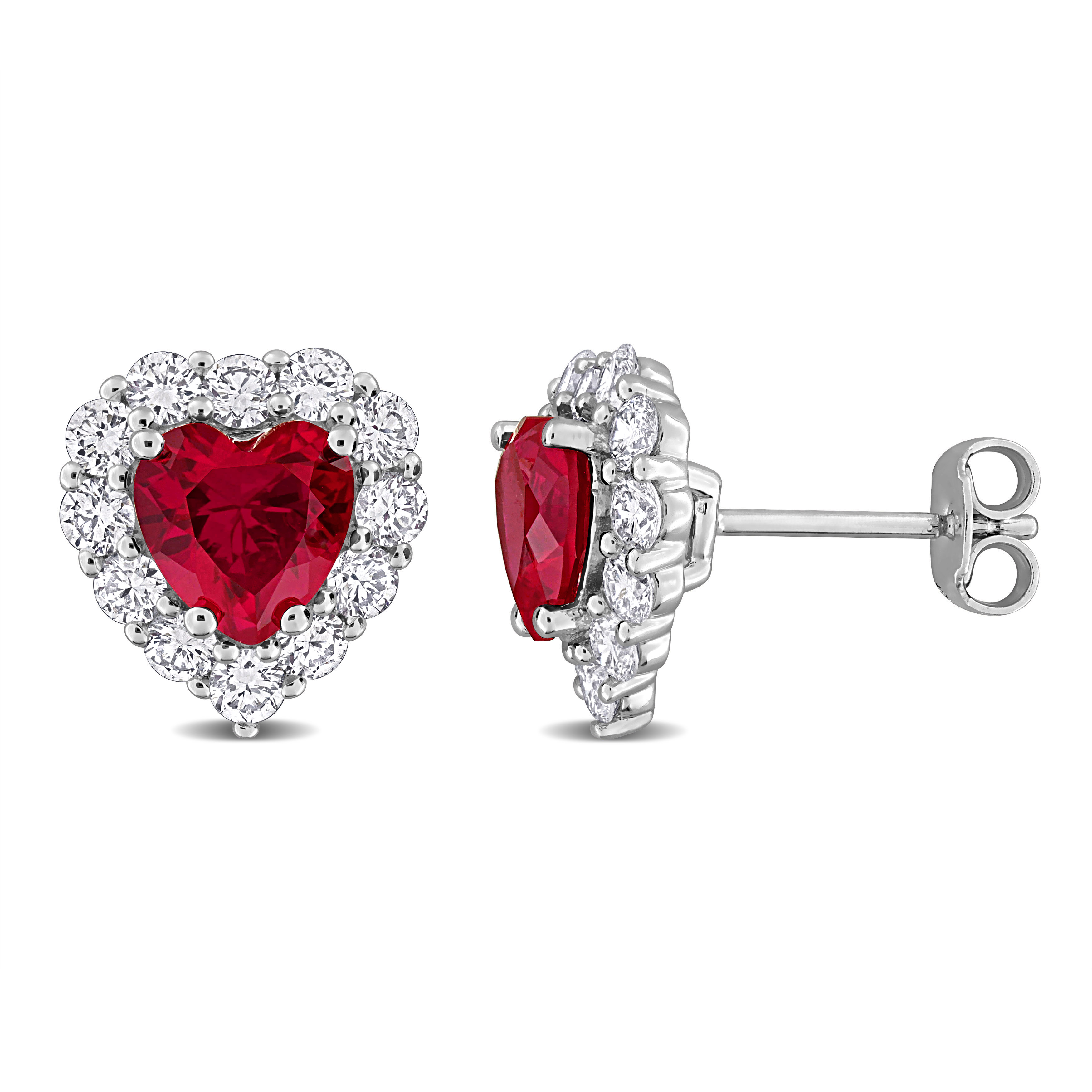 3 1/4ct TGW Created Ruby and 1 2/5ct TW Lab-Grown Diamond Halo Stud Earrings in Sterling Silver