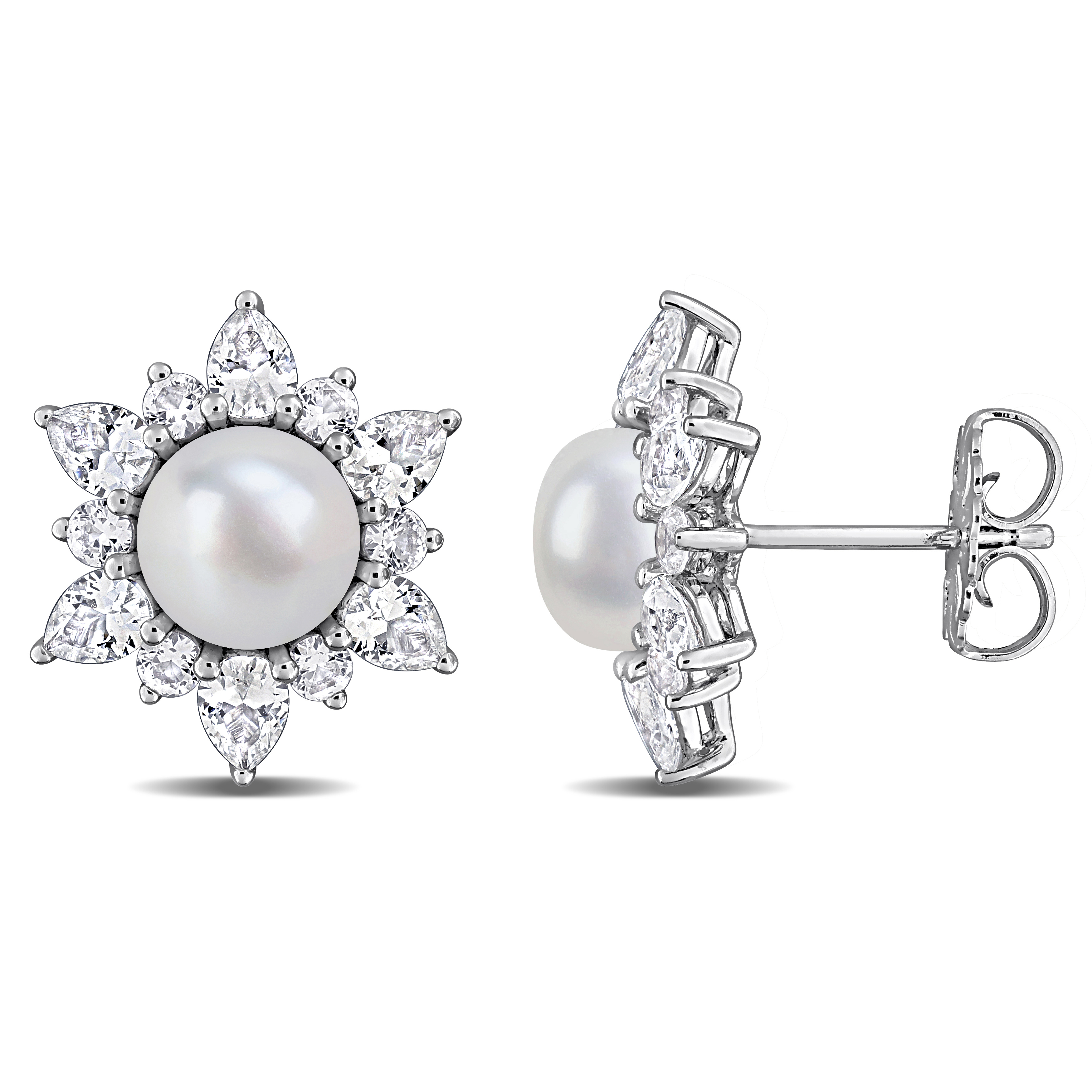 7-7.5mm Cultured Freshwater Pearl and 3 3/8ct TGW Created White Sapphire Floral Earrings in Sterling Silver