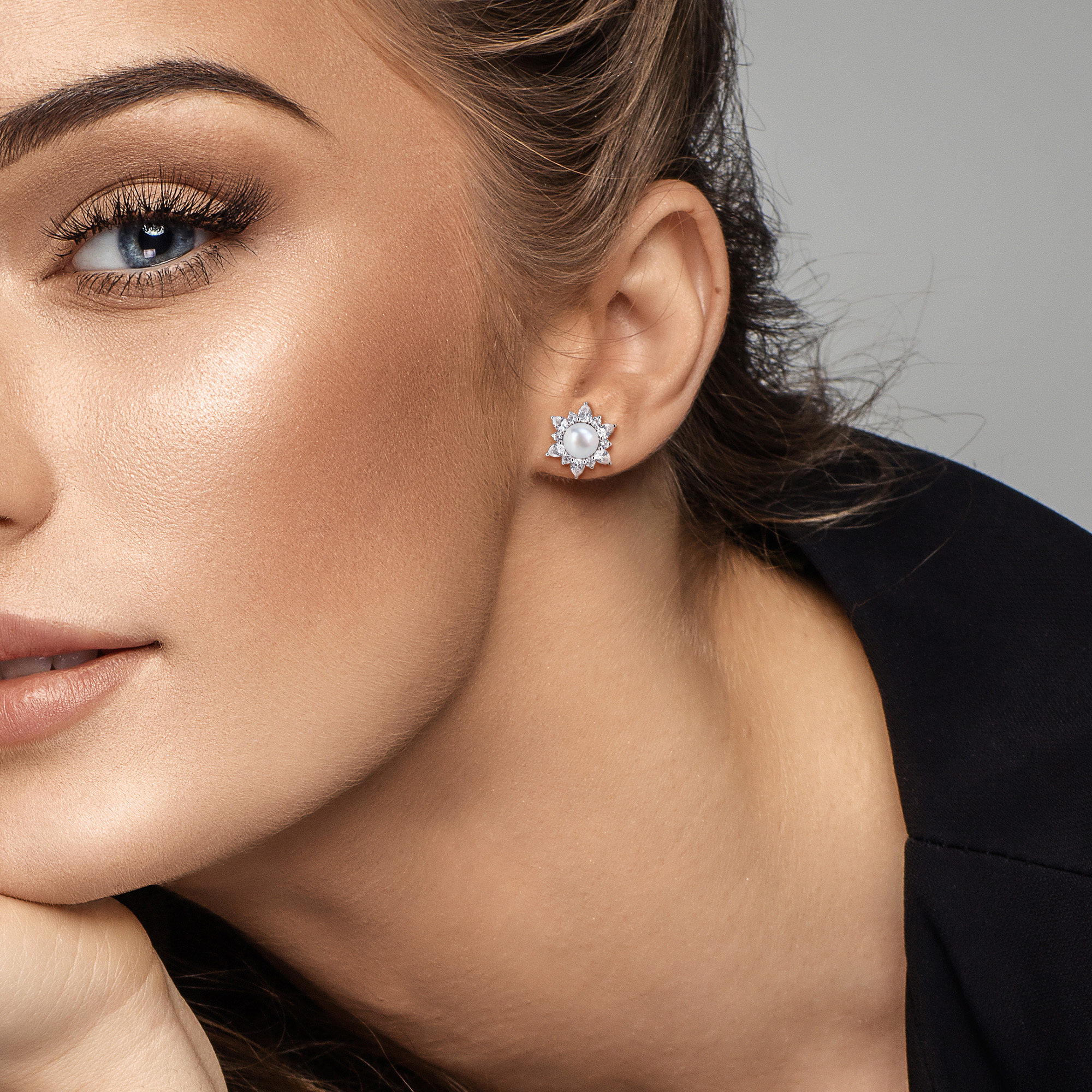 7-7.5mm Cultured Freshwater Pearl and 3 3/8ct TGW Created White Sapphire Floral Earrings in Sterling Silver