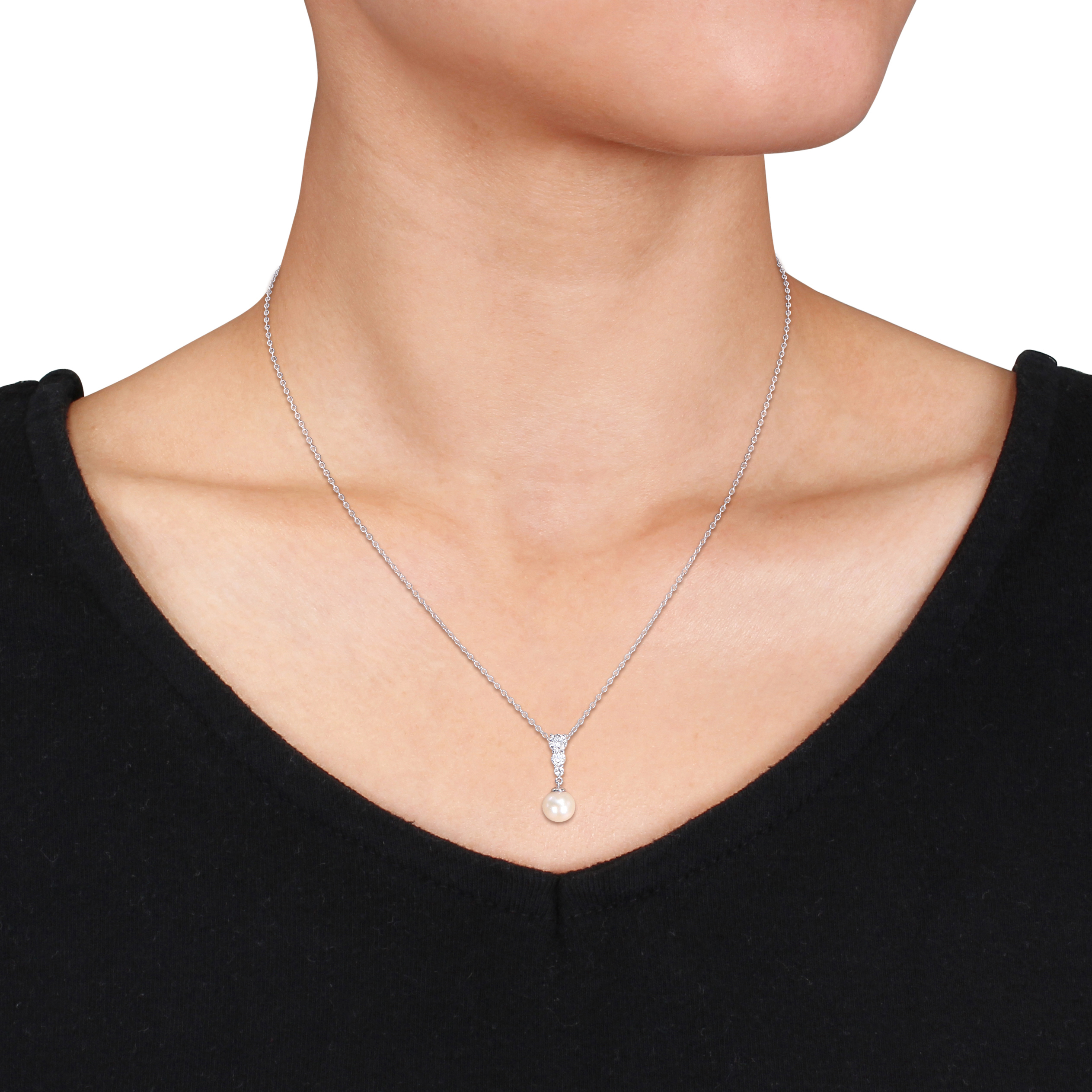 7-7.5mm Cultured Freshwater Pearl and 3/8ct TW Lab-Grown Diamond Graduated Drop Pendant with Chain in Sterling Silver - 17 in