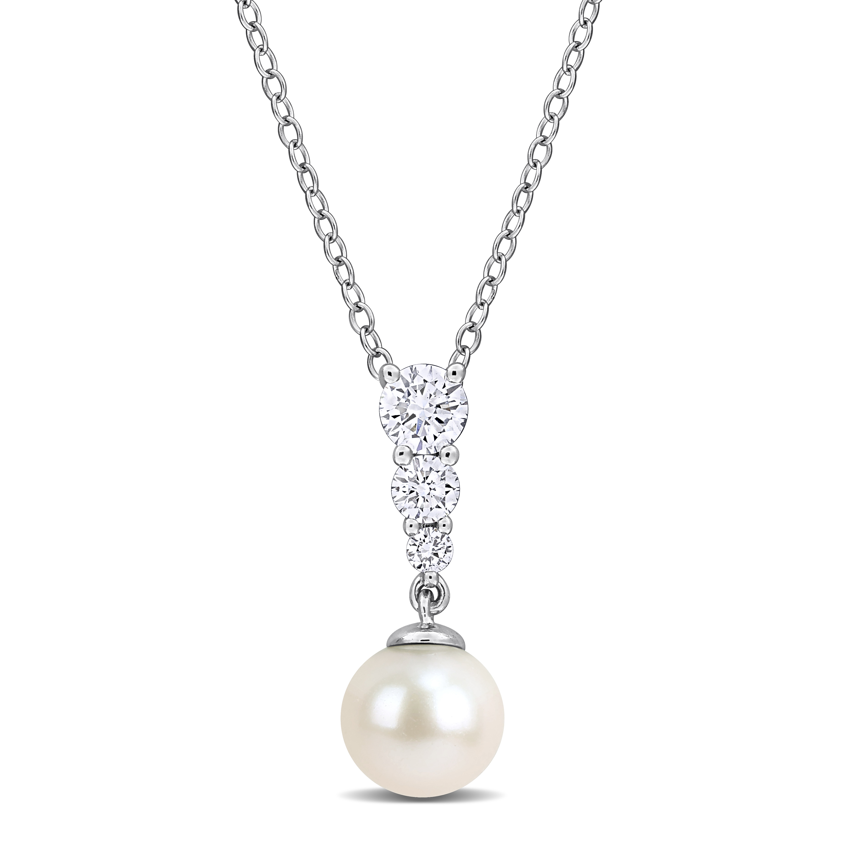 7-7.5mm Cultured Freshwater Pearl and 3/8ct TW Lab-Grown Diamond Graduated Drop Pendant with Chain in Sterling Silver - 17 in