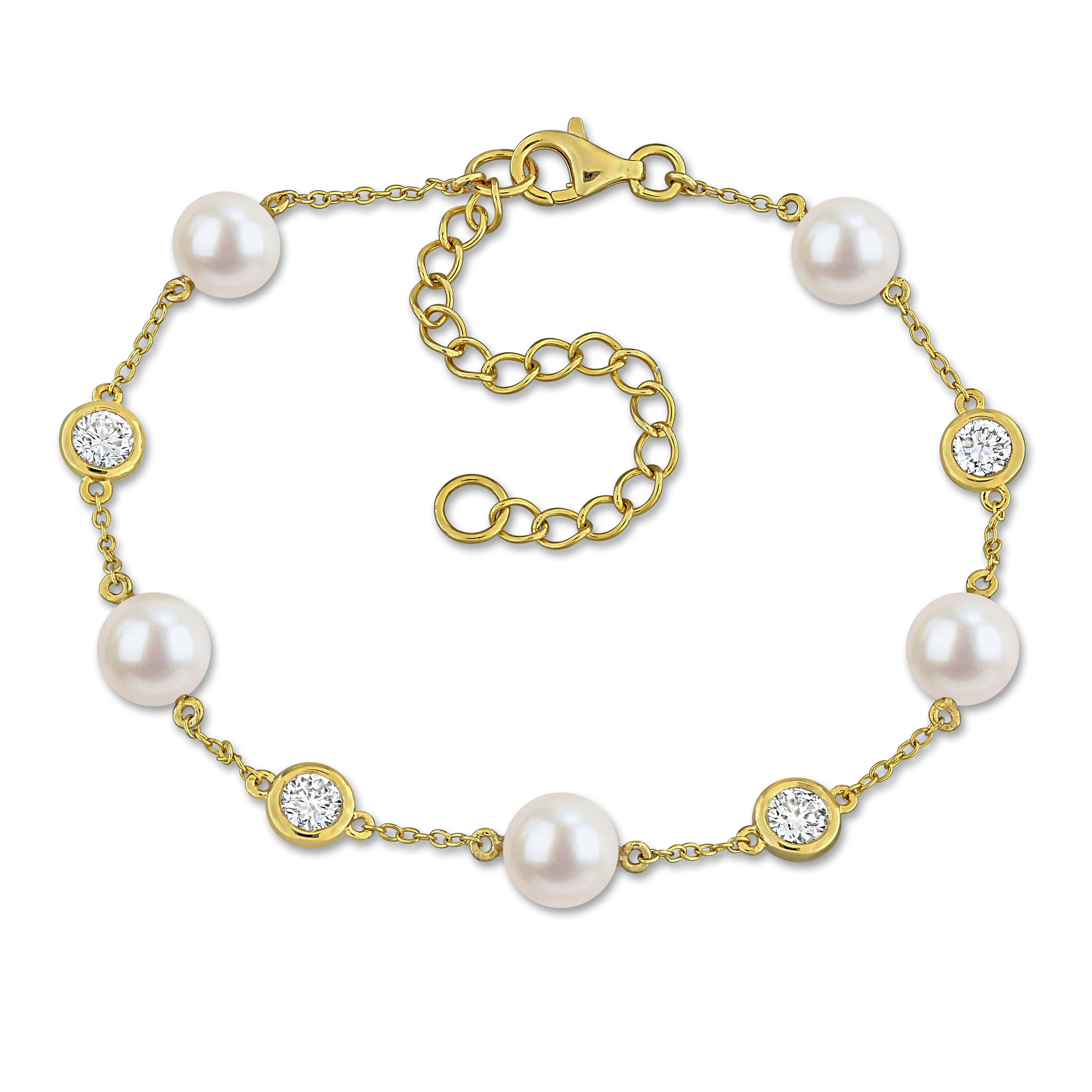 7-7.5mm Cultured Freshwater Pearl and 1ct TW Lab-Grown Diamond Station Bracelet in Yellow Plated Sterling Silver - 7 in