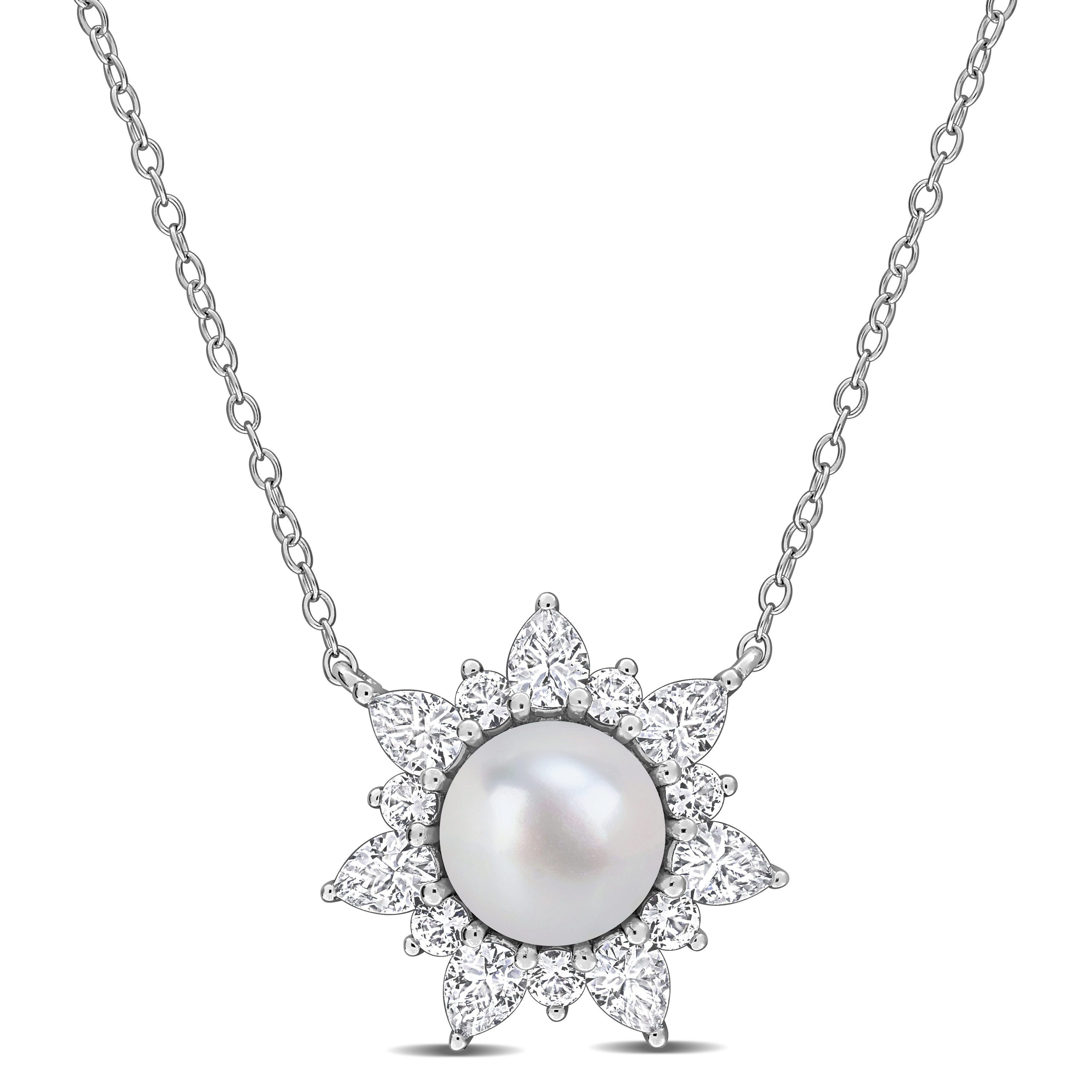 8-8.5mm Cultured Freshwater Pearl and 2ct TGW Created White Sapphire Floral Necklace in Sterling Silver - 17 in
