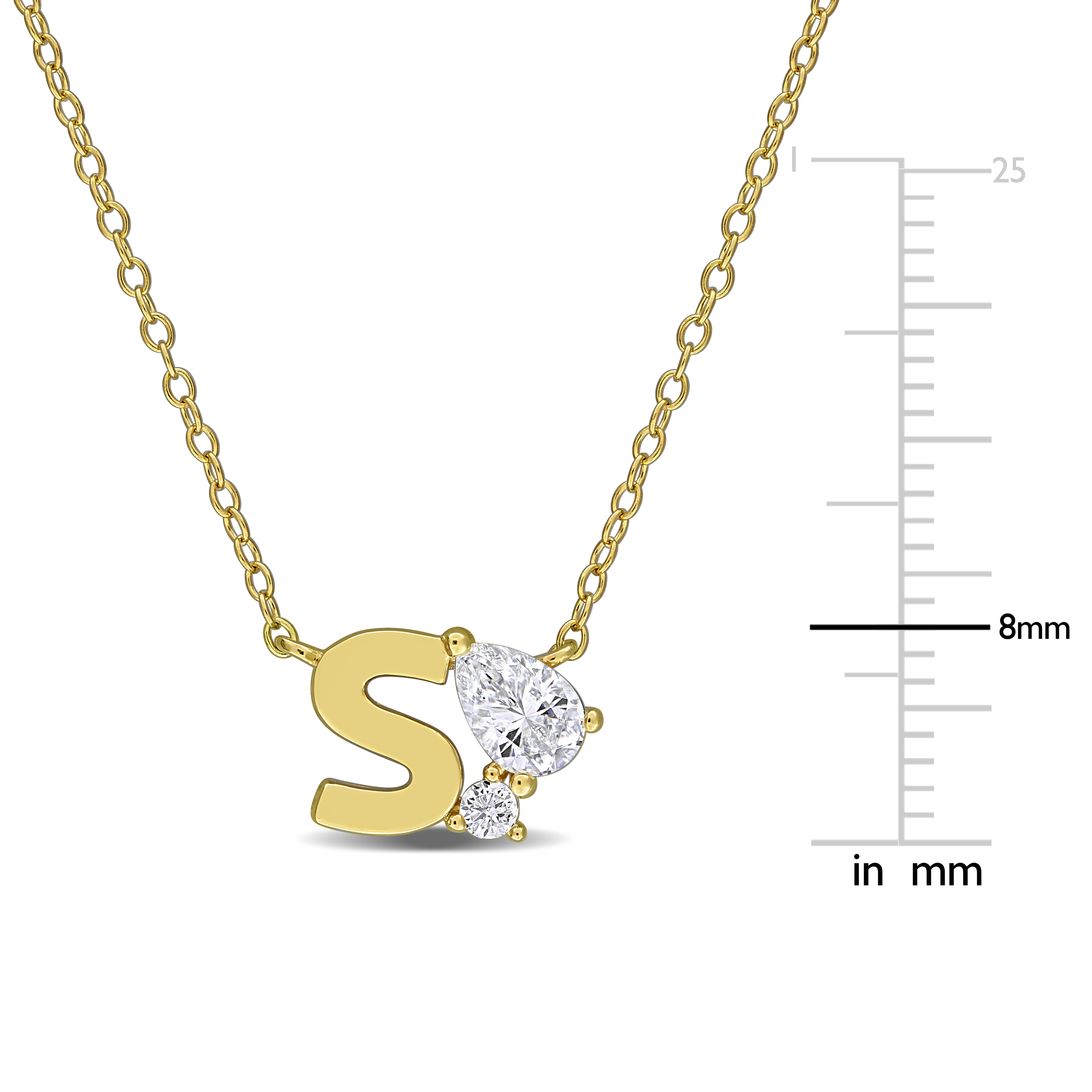 3/4ct TGW Created White Sapphire S Initial Necklace in Yellow Plated Sterling Silver - 17 in