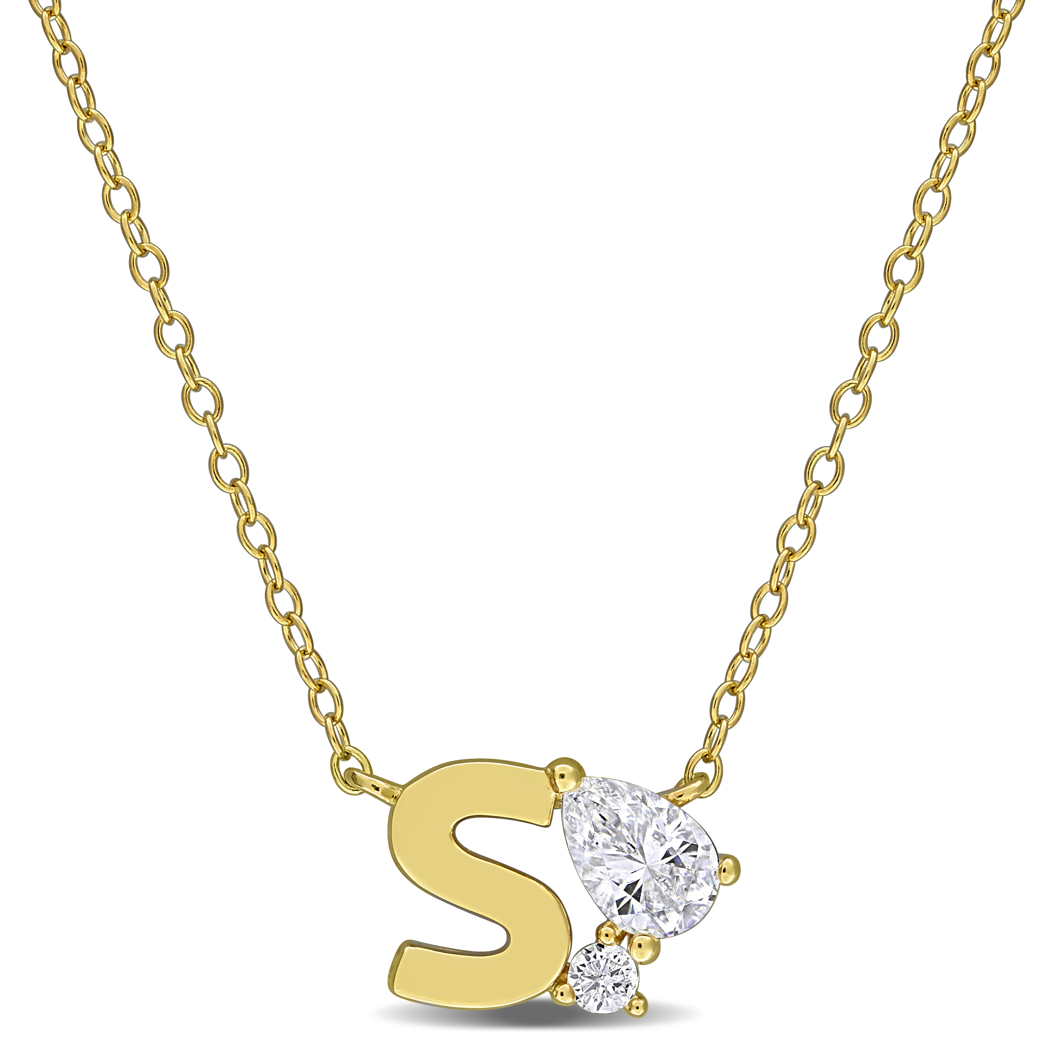 3/4ct TGW Created White Sapphire "S" Initial Necklace in Yellow Plated Sterling Silver - 17 in