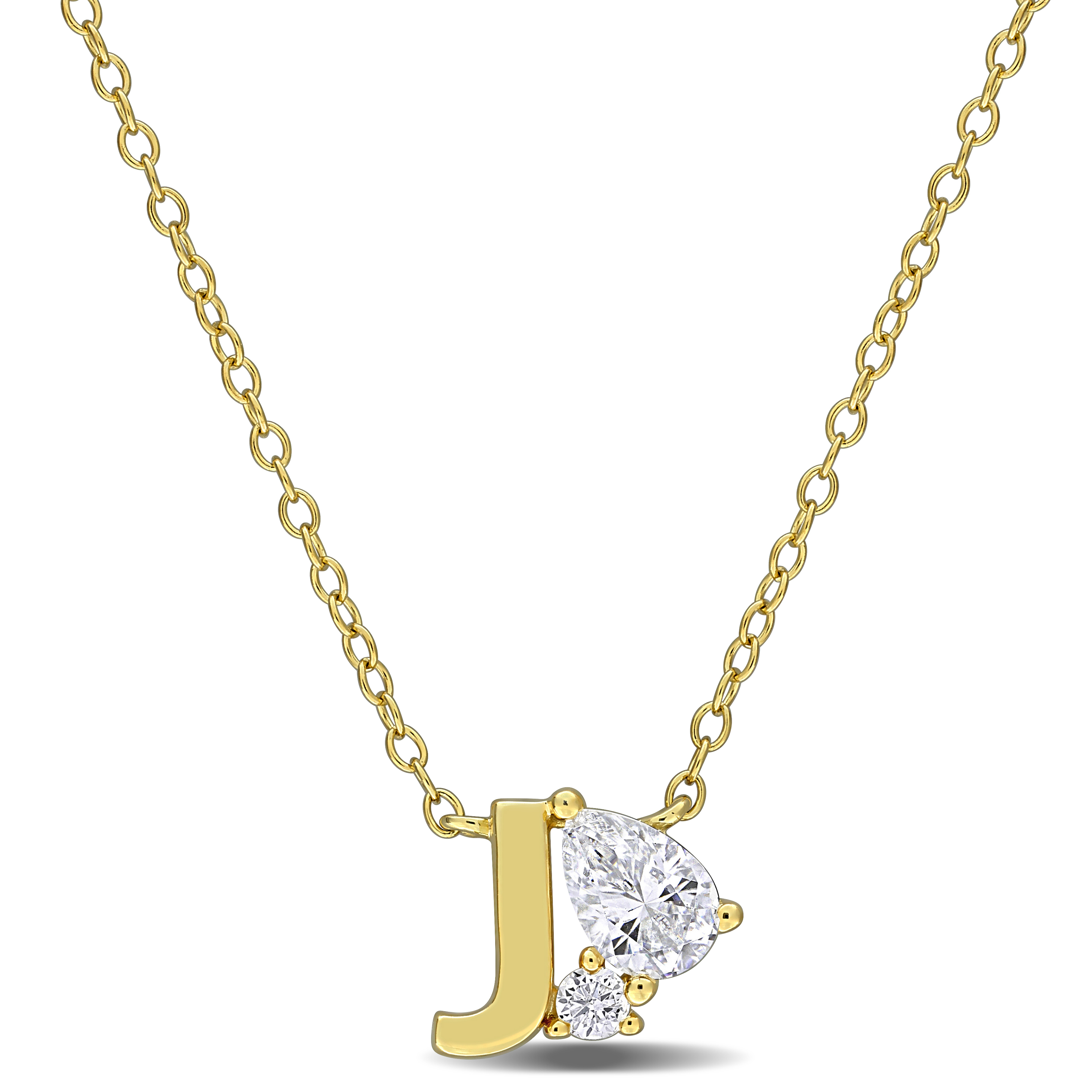 3/4ct TGW Created White Sapphire "J" Initial Necklace in Yellow Plated Sterling Silver - 17 in