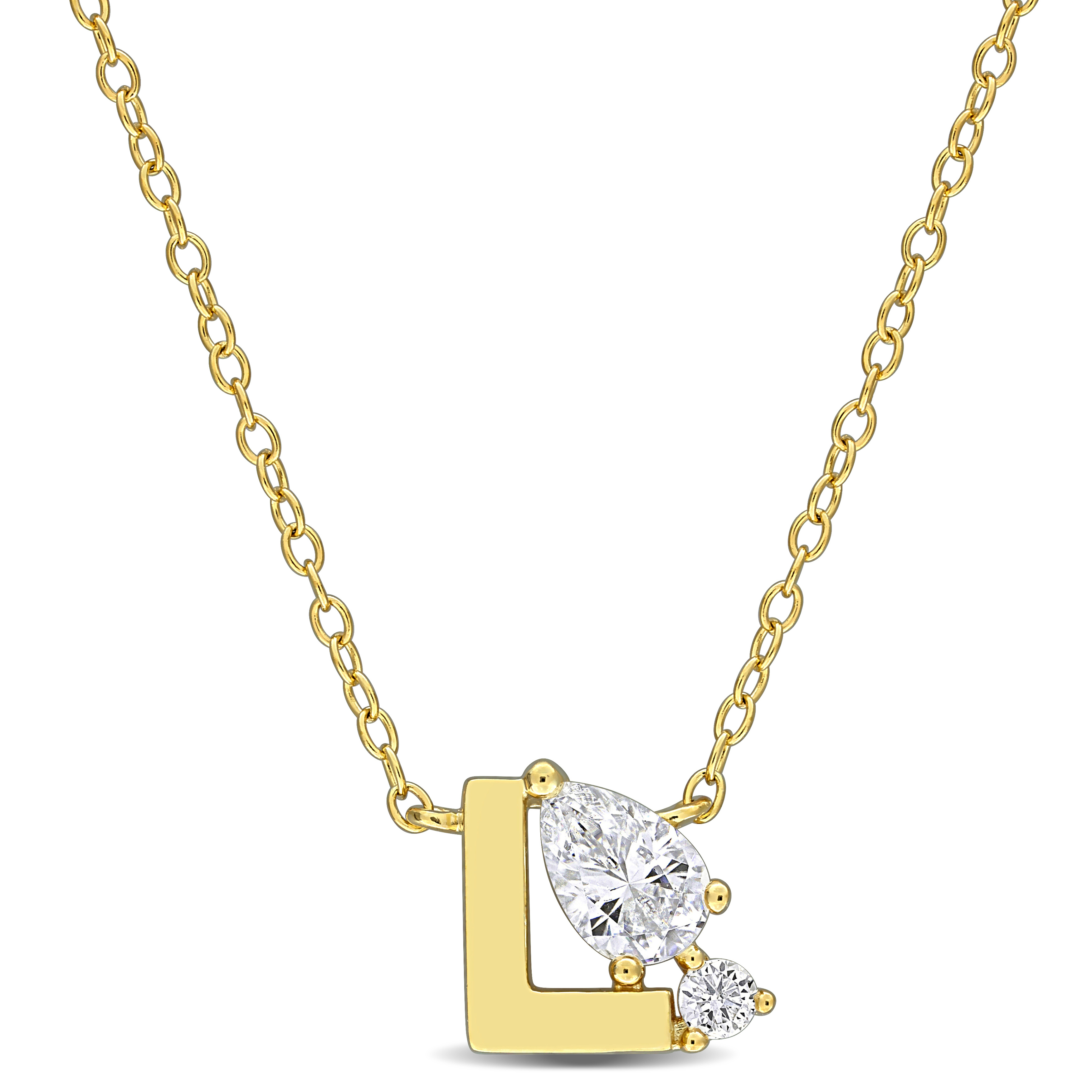 3/4ct TGW Created White Sapphire "L" Initial Necklace in Yellow Plated Sterling Silver - 17 in