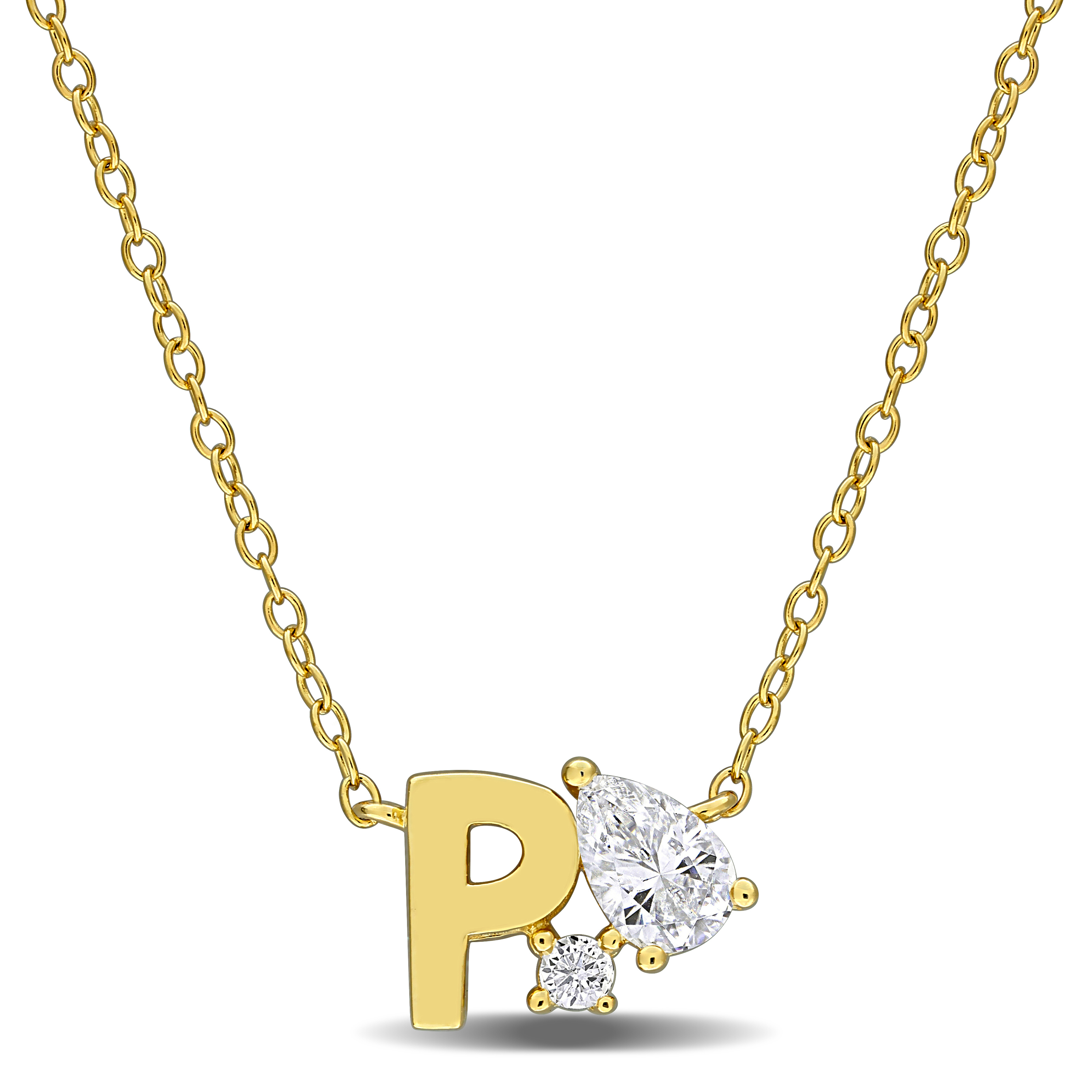 3/4ct TGW Created White Sapphire "P" Initial Necklace in Yellow Plated Sterling Silver - 17 in