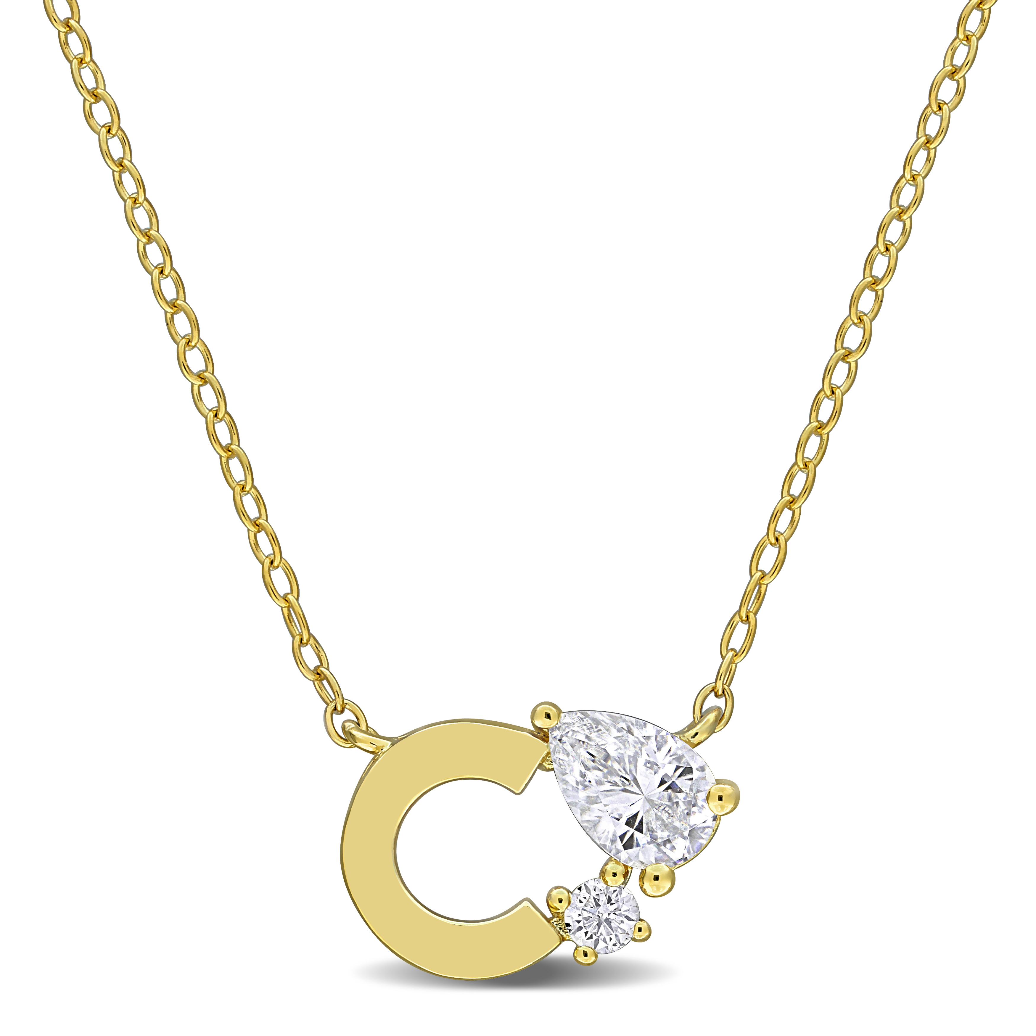 3/4ct TGW Created White Sapphire C Initial Necklace in Yellow Plated Sterling Silver - 17 in