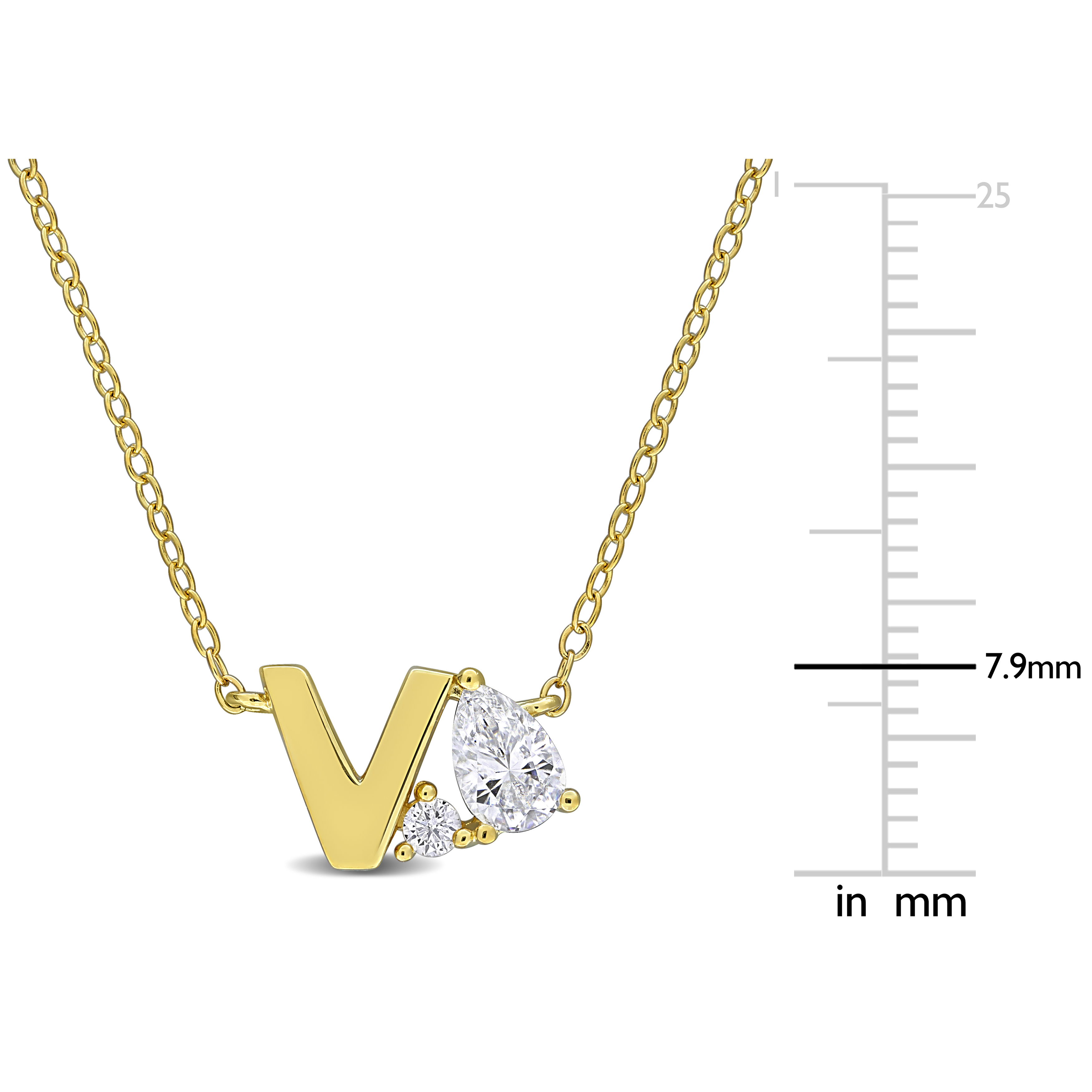 3/4ct TGW Created White Sapphire V Initial Necklace in Yellow Plated Sterling Silver - 17 in