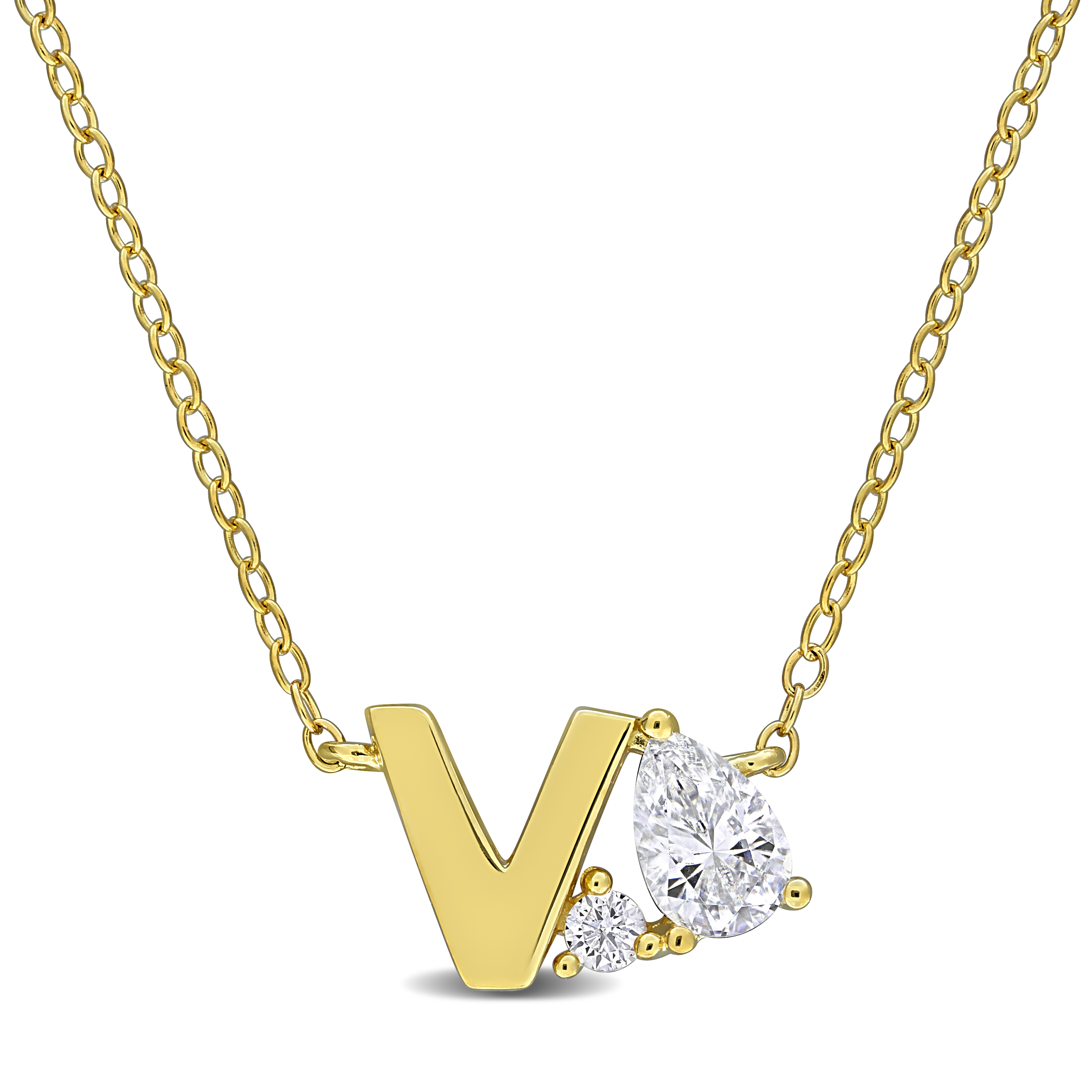 3/4ct TGW Created White Sapphire "V" Initial Necklace in Yellow Plated Sterling Silver - 17 in