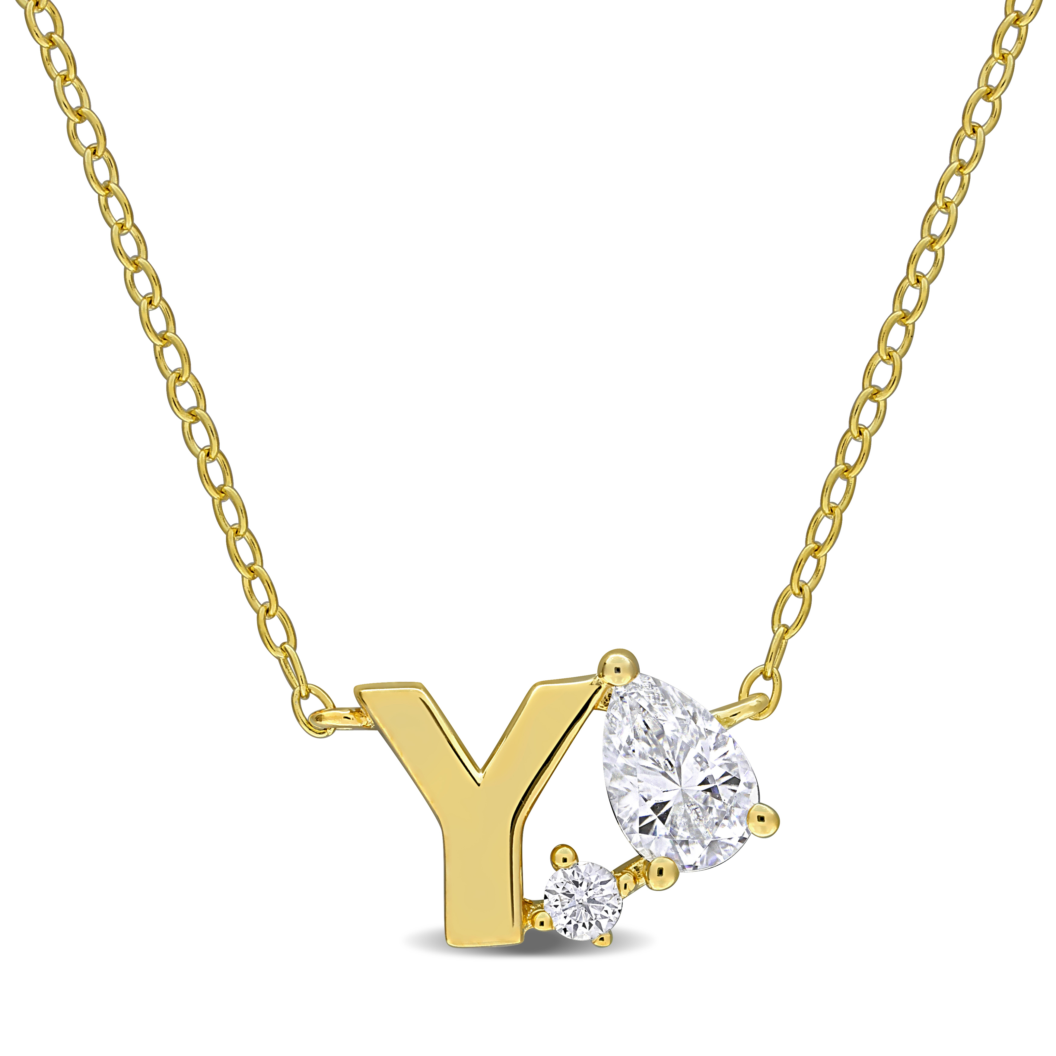 3/4ct TGW Created White Sapphire "Y" Initial Necklace in Yellow Plated Sterling Silver - 17 in