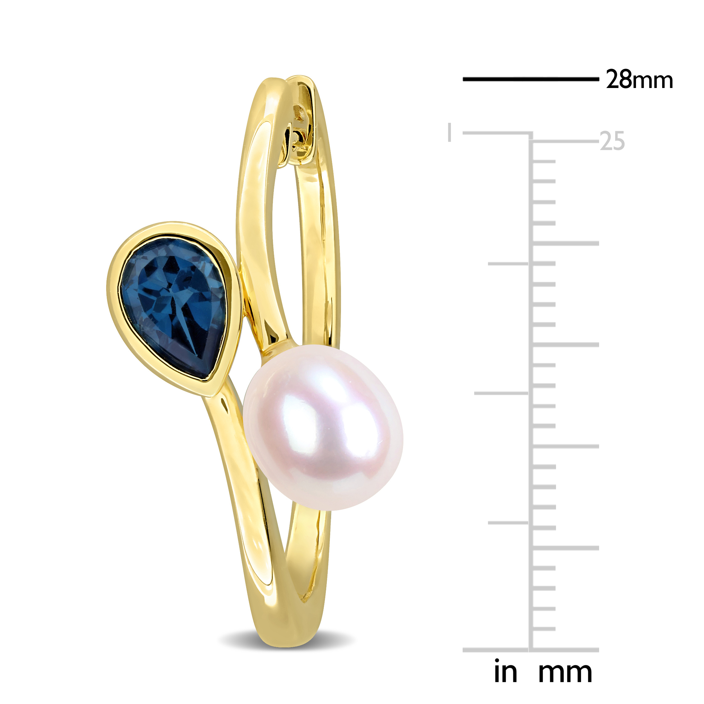 7-7.5mm Cultured Freshwater Pearl and 7/8ct TGW London Blue Topaz Bypass Hoop Earrings in Yellow Plated Sterling Silver